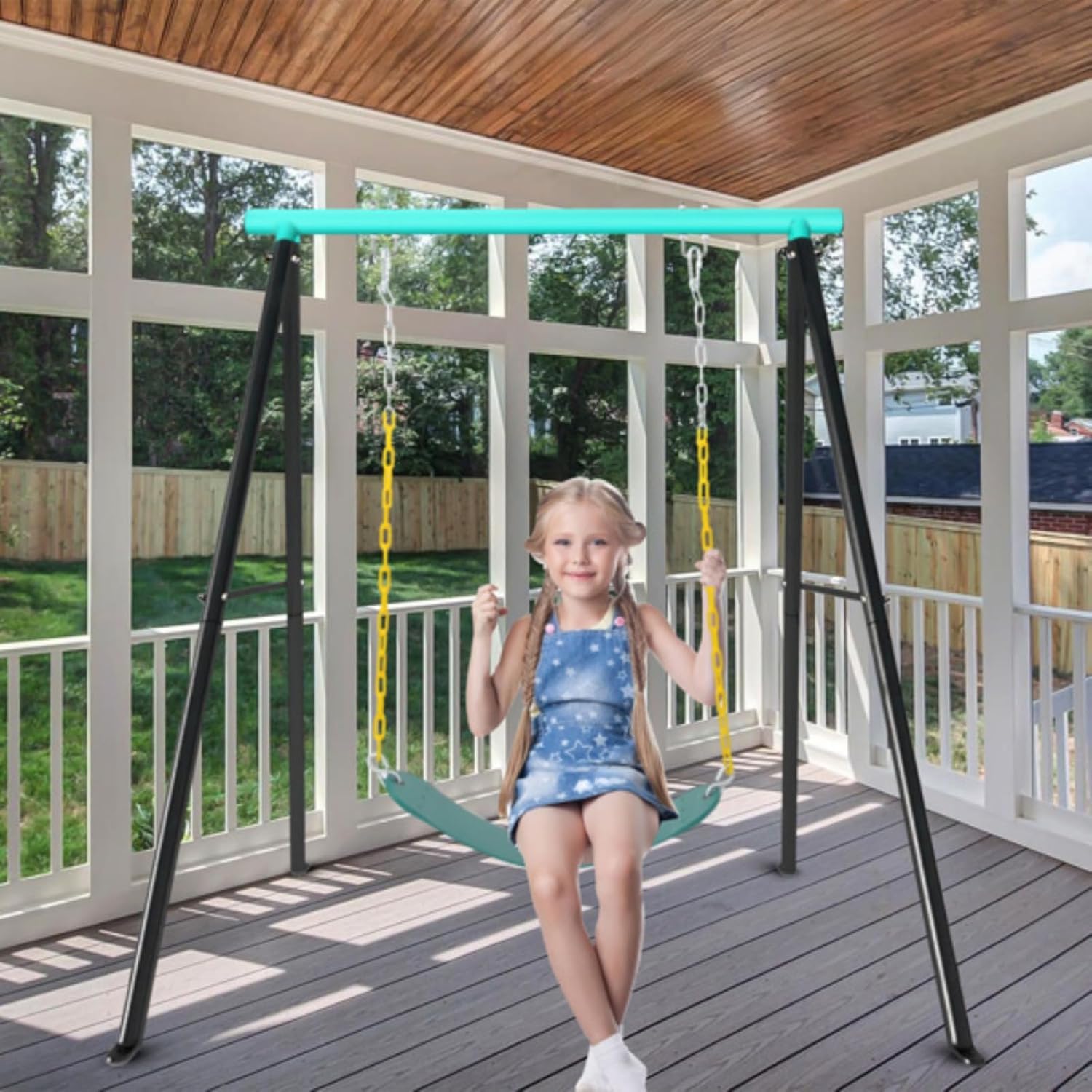 Porch Swing Set, Outdoor Swing, Heavy Duty A-Frame Swing Set, Pre-Drilled Holes, Easy Installation, 550-lb Weight Capacity, Backyard Outdoor Indoor, Teal and Black