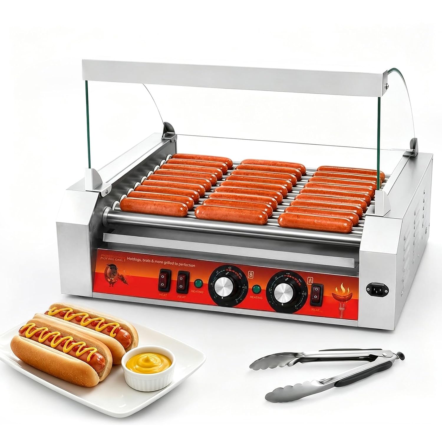  11-Roller Hot Dog Cooker Machine 1670W | 30 Hot Dogs Capacity, Stainless Steel Hot Dog Roller Grill, Non-Stick Machine for Party Home Event Food Stall Commercial Use