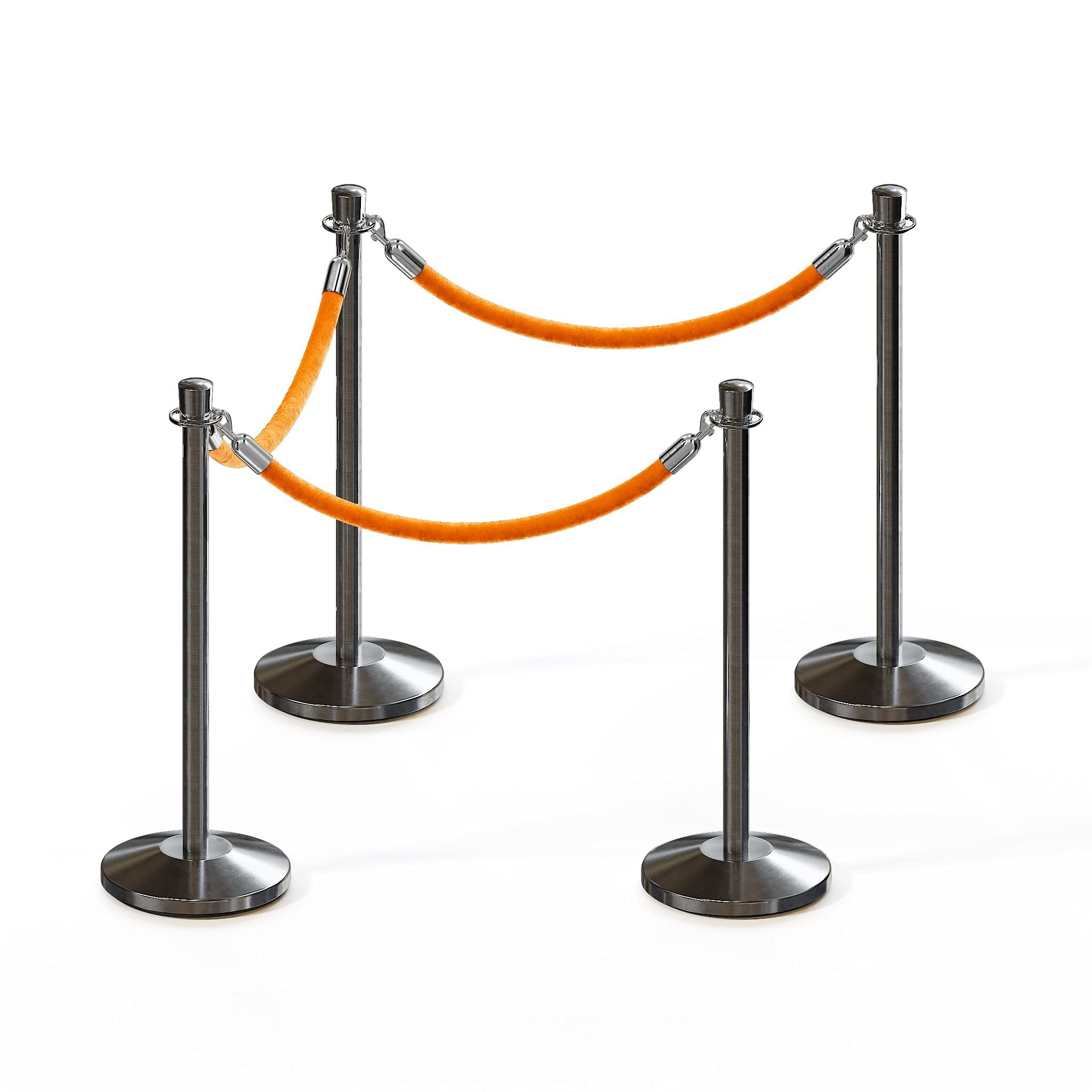 CCW Post and Rope Stanchion Kit with 4 Satin Stainless Steel Crown Top Posts and 3 Gold Heavy Duty Velvet Cotton Core Ropes (6ft.Each) in Satin Stainless Snap Ends