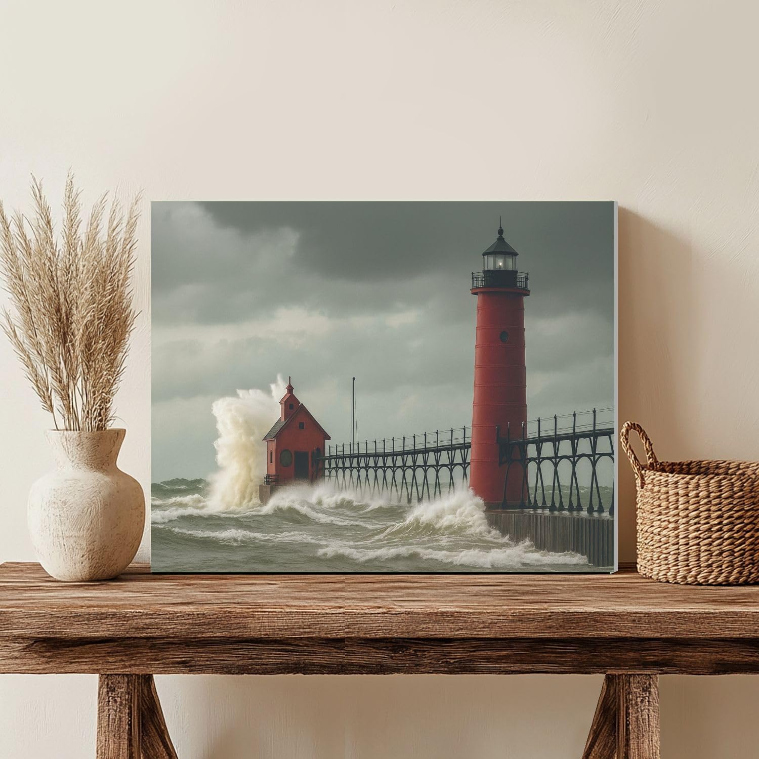VETEB Paint by Numbers Kit for Adults Beginner Giant Waves red Grand Haven Lighthouse Michigan Lake DIY Framed Painting on Canvas by Numbers Acrylic Oil Painting Home Decor Gifts 16"x20"