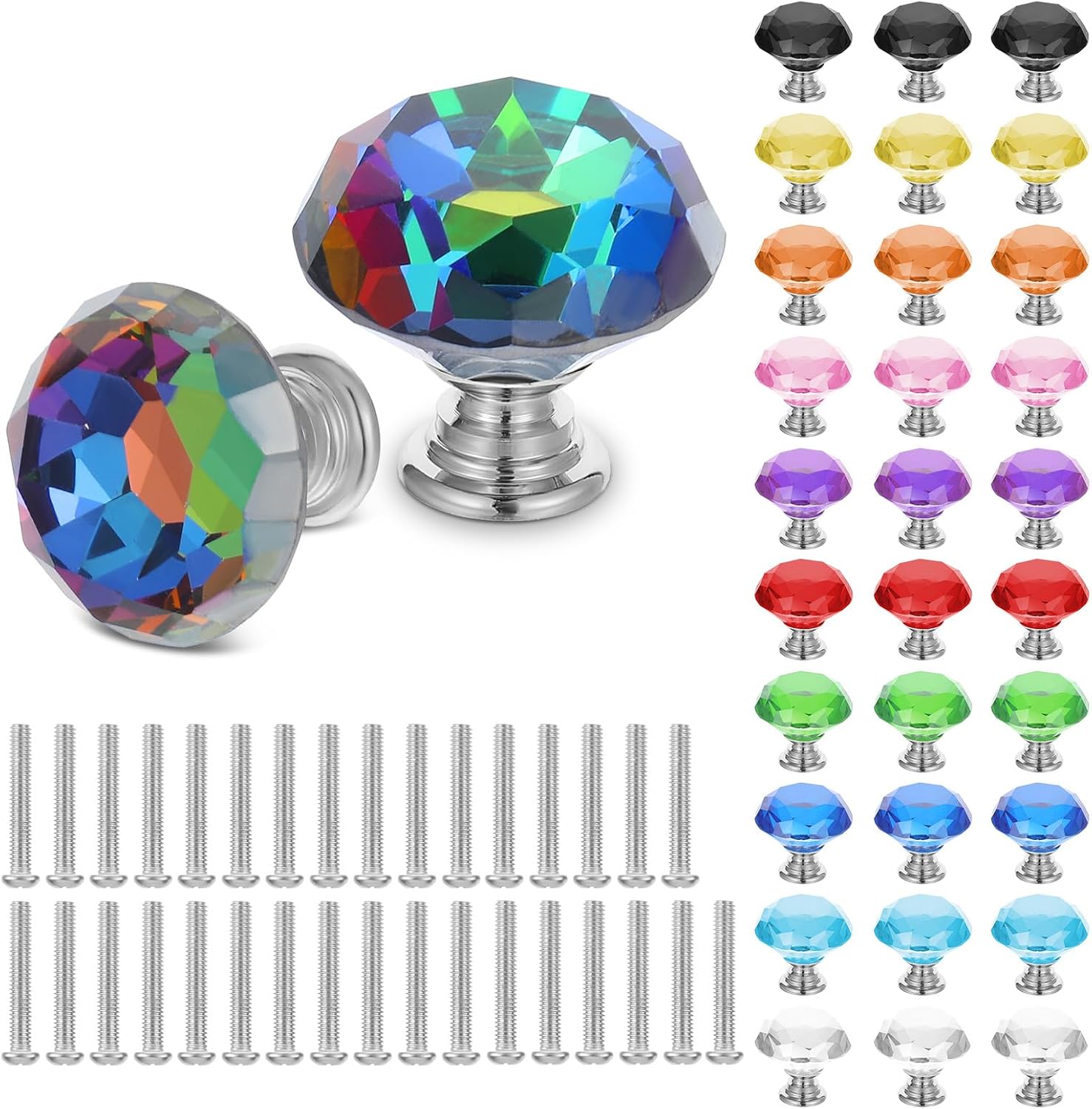 Lemecima 33 Pack Colorful Crystal Drawer Knobs, 30mm Glass Dresser Knobs Cabinet Diamond Shape Pulls Handle for Wardrobe, Kitchen, Bathroom, Cupboard(11 Colors)