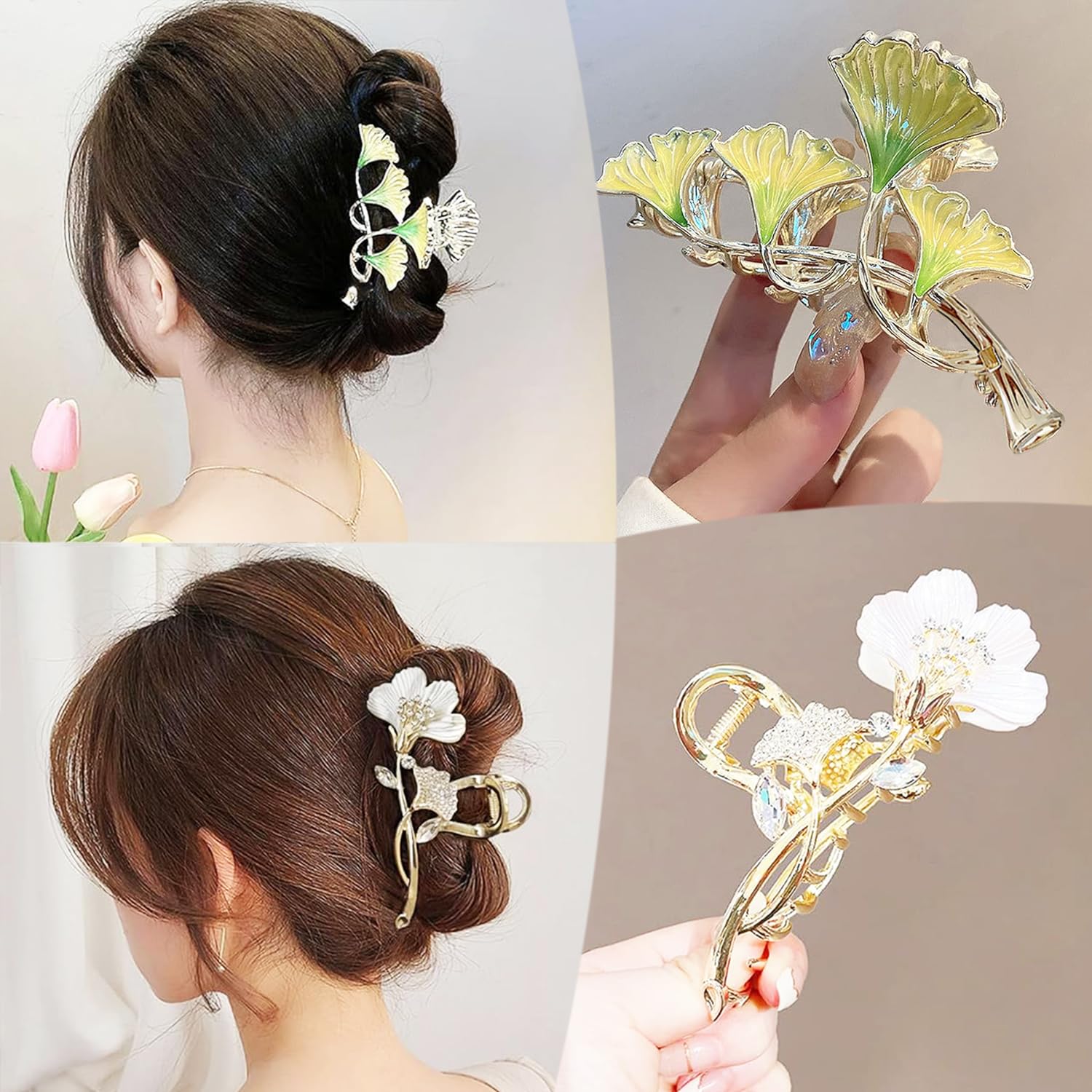 2PCS Peony and Ginkgo Metal Hair Claw Clips Flower Hair Jaw Clips Hair Catch Barrette Clamp Nonslip Hair Accessories for Women Lady 012