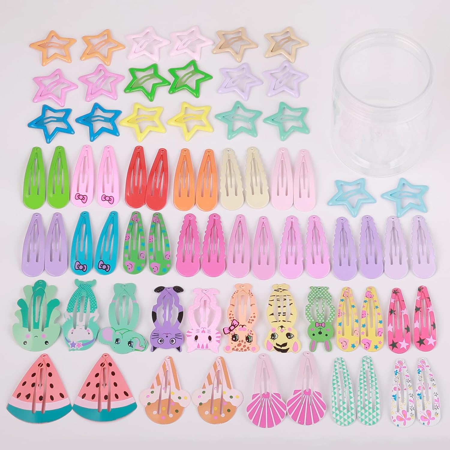 70 Pcs Cute Hair Clips - Mini Metal Snap Barrettes & Pins - Cartoon, Candy Color - 70 Count - Female, Child - Wedding, Daily Use - Gift Set