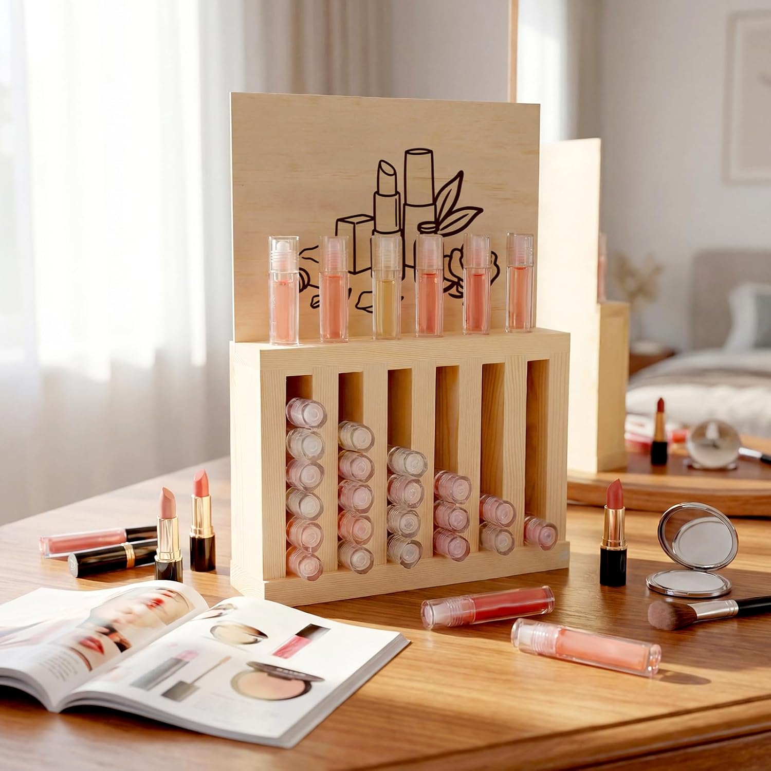 Yalikop 6 Slot Wooden Lipsticks Holder with DIY Wood Cardboard 0.7 Inch Lip Balm Tube Holder Lip Gloss Organizer Display Wood Lipsticks Tube Tower Organizer for Market Craft Booth Room Display