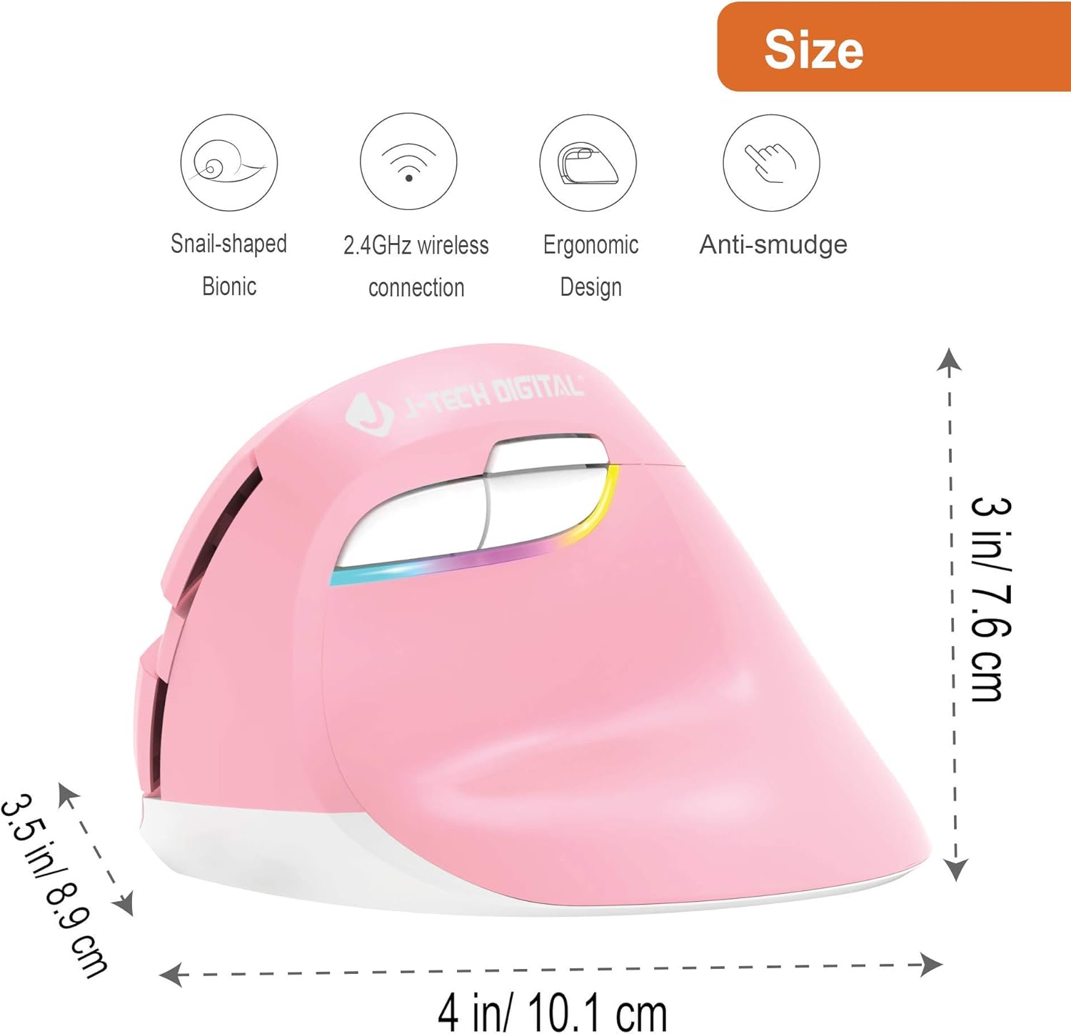 Image showing the dimensions of the J-Tech Digital V628M-2.4GP vertical mouse.