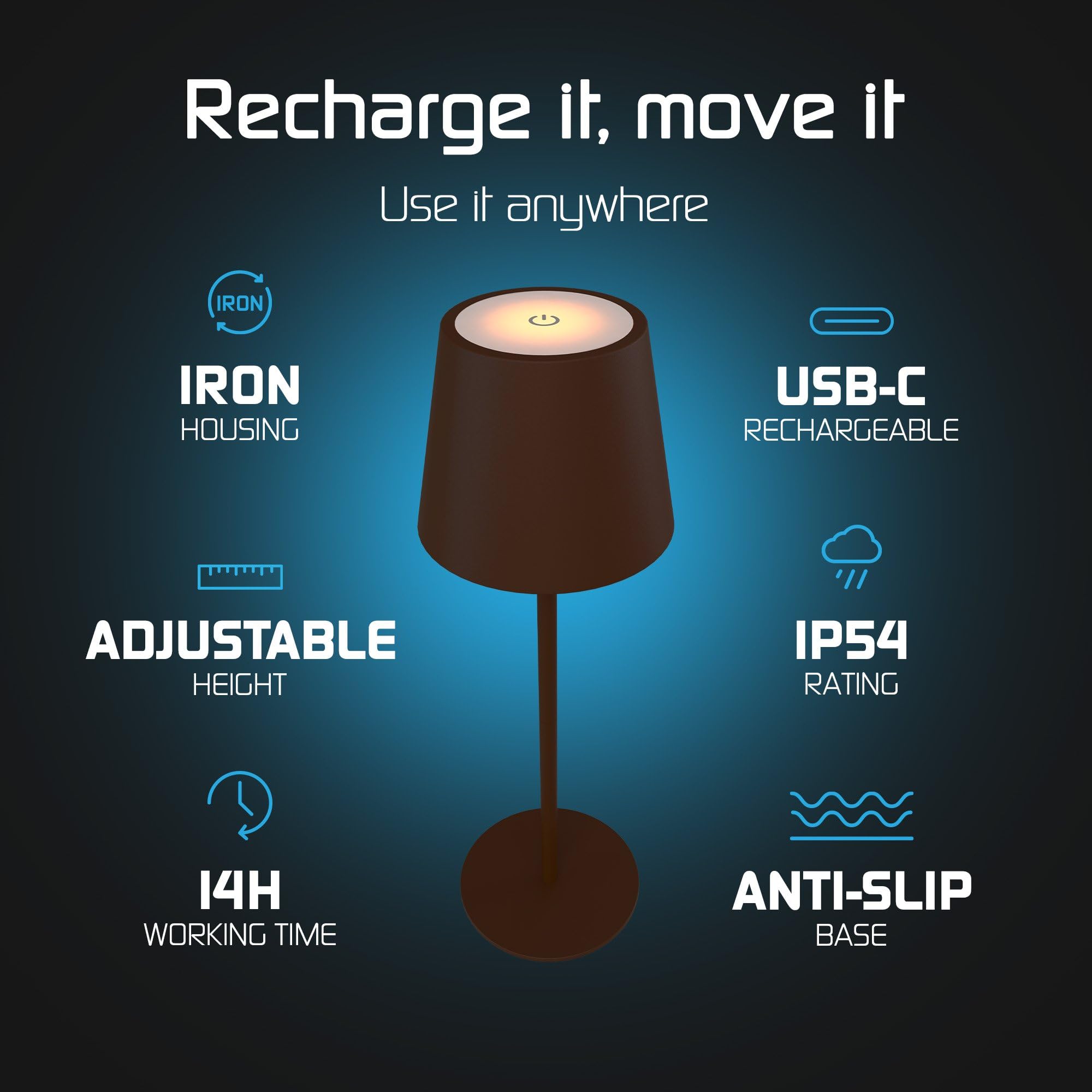 Ledvion - Lampe de Table LED Rechargeable, Marron, Variable 2700K-5000K, 200 Lm, IP54 Résistante aux Éclaboussures, Batterie 4400mAh, Commande Tactile, Réglable, USB-C, Intérieure & Extérieure, Nyra