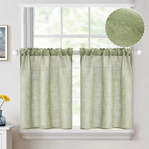 MIULEE Linen Textured Kitchen Window Curtains over Sink 24 Inch Length Semi Sheer Farmhouse Small Small Curtains for Cafe Bathroom Basement, Short Rod Pocket Tier Curtains 2 Panels W26XL24, Sage Green