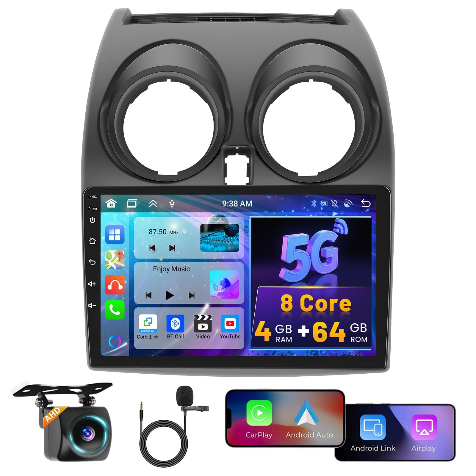 8 Core 4G+64G Hikity Android 15 Autoradio für Nissan Qashqai J10 2006-2016 mit Carplay Android Auto Navi,Autoradio mit 9 Zoll Bildschirm,Bluetooth FM/RDS Mirror Link DSP