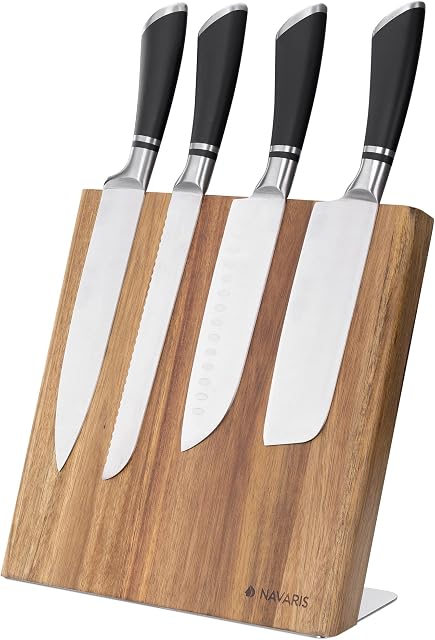 Navaris Wooden Magnetic Knife Holder - Universal Wood Magnetic Block & Organiser for Knives, Scissors, Kitchen Cutlery - Acacia, 27.7 x 27.5 cm