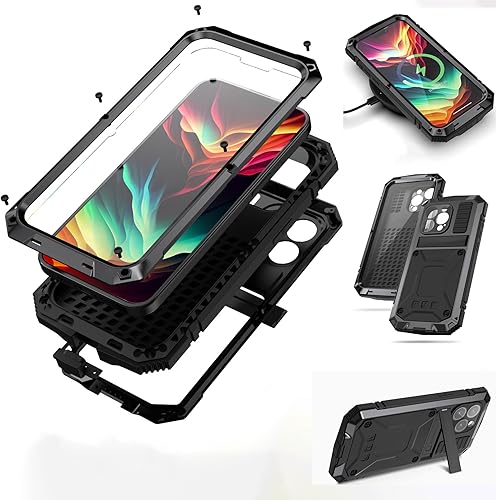 Funda para iPhone 15 Pro Max de cuerpo completo, protección resistente, aluminio resistente Stan grado militar de metal de goma con pantalla