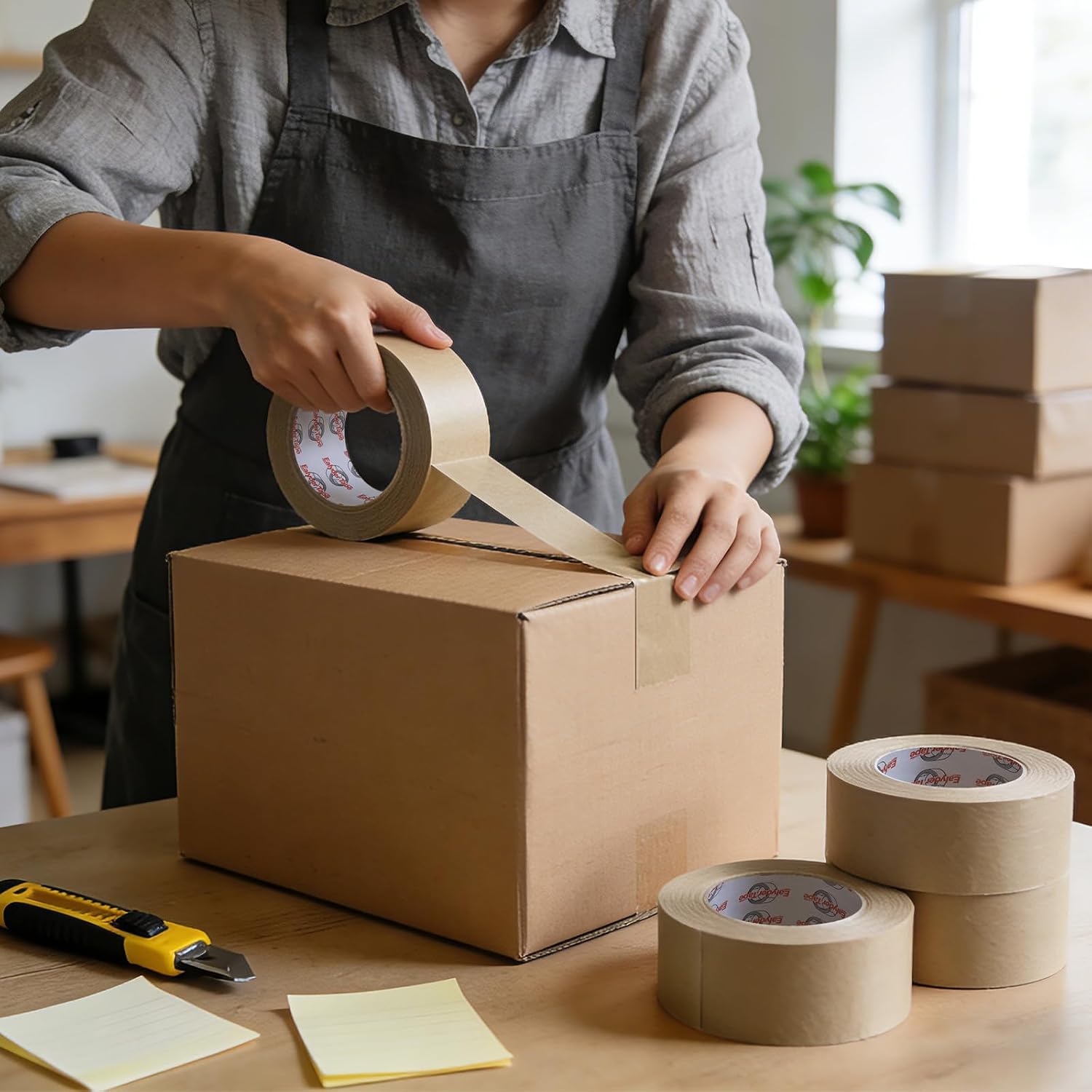 Brown Kraft Paper Packing Tape 2 Inch x 55 Yards – Easy Tear Eco-Friendly Writable Biodegradable for Shipping, Sealing, Packaging and Moving, 6 Roll