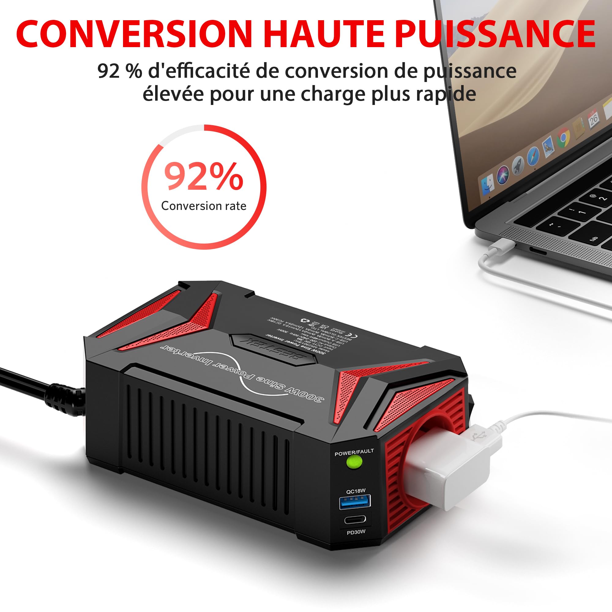 BESTEK Convertisseur 12v 220v Pur Sinus 300w Convertisseur Sinusoïdale pour Voiture Vacance Onduleur Pure 12v avec 2 Port Charge Rapide（PD30W&QC18W） Prise Européenn Transformateur de Tension