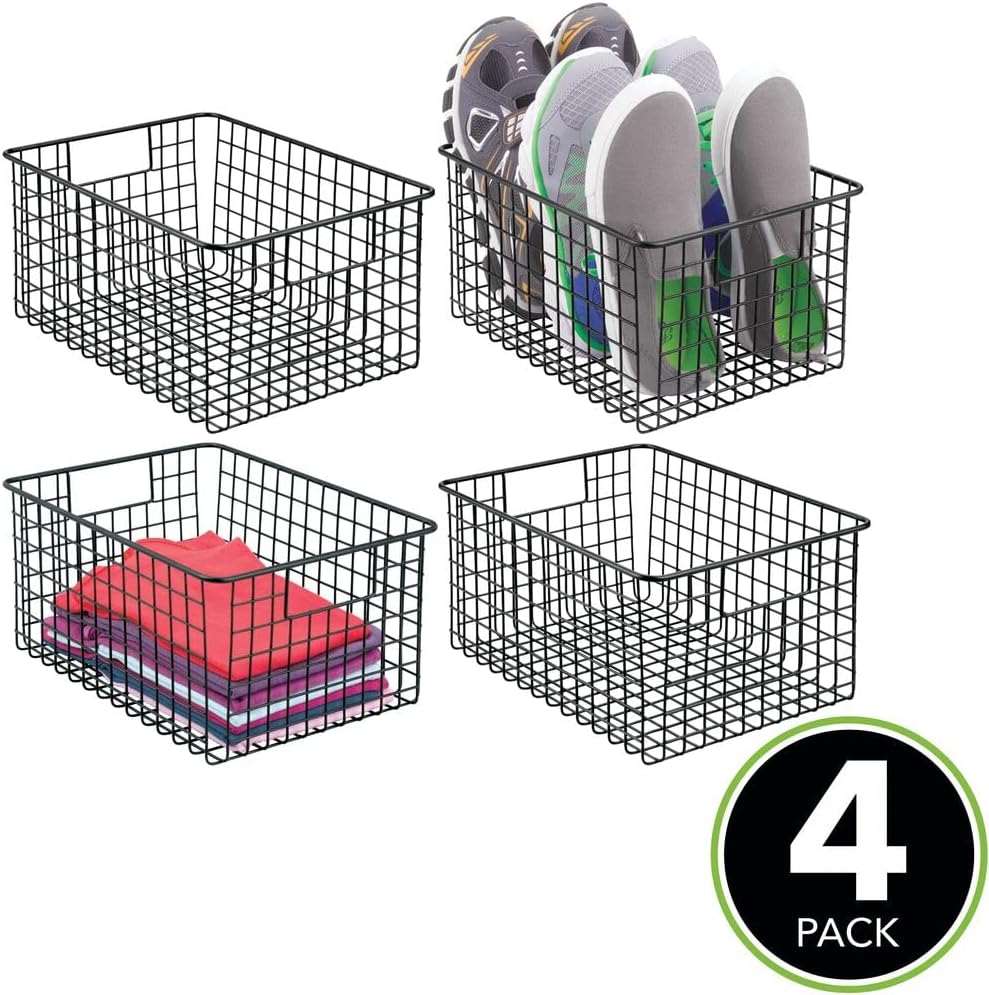 Limited Stock mDesign Farmhouse/Vintage Metal Wire Storage Basket Bin with Handles for Organizing Closets, Shelves and Cabinets in Bedrooms, Bathrooms, Entryways, and Hallways, 4 Pack - Black