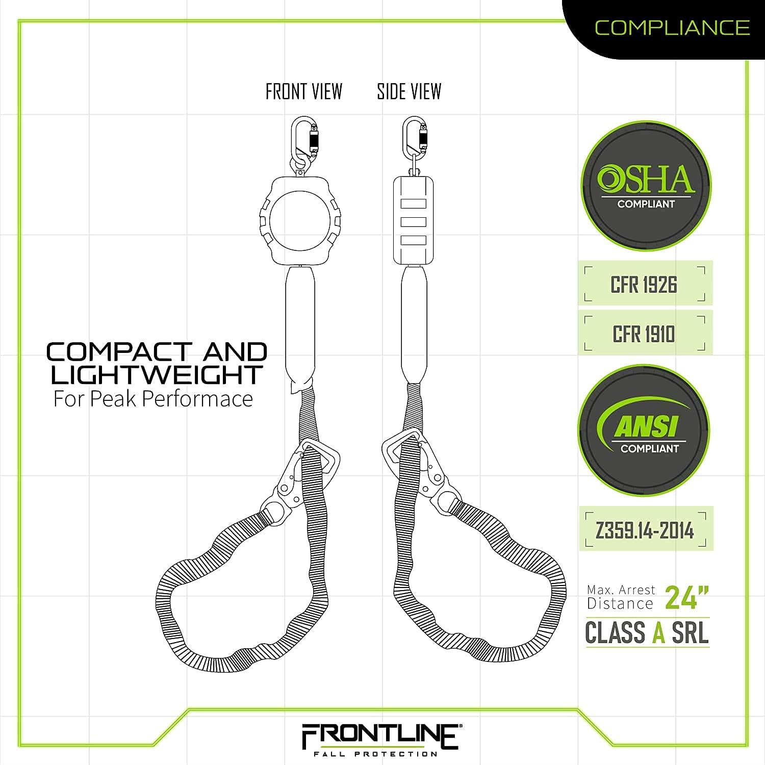 Frontline Fall Protection RPA092TB Tie Back Twin Leg Web 9ft SRL with Tie Back Hook Ends | Comfort Lightweight Compact and Rugged | Quick Action Braking System | OSHA and ANSI Compliant : Tools & Home Improvement