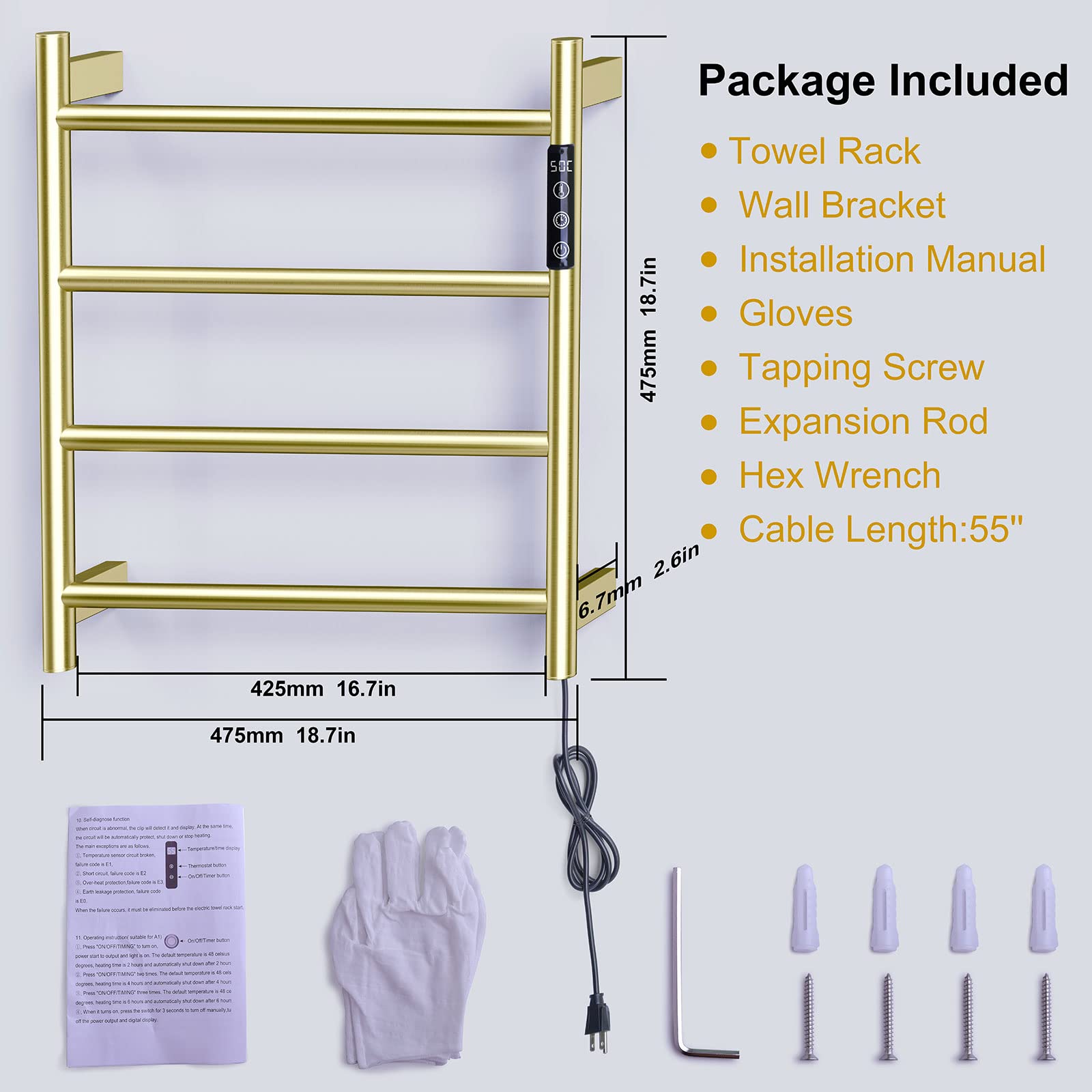 VJASS Towel Warmers,4 Bars Design Stainless Steel Heated Towel Rack with Built-in Timer, Wall-Mounted Bath Towel Heater for Bathroom, Plug-in/Hardwired (Brushed Gold)