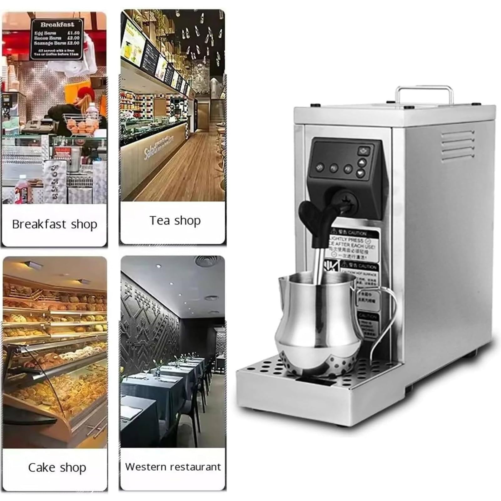 Vaporizador y espumador de leche eléctrico, 1450 W con tanque extraíble de 800 ml, control de temperatura LED de 40-90 °C, varita de vapor ajustable para cafetería, hotel y bar