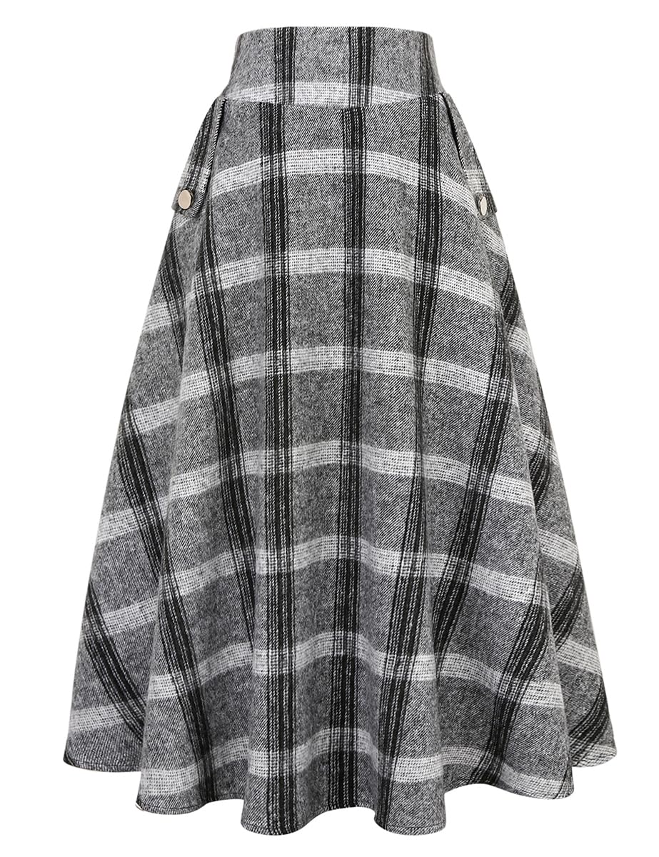 IDEALSANXUN Women’s Fall Winter High Waisted Wool Plaid A-line Long Skirt