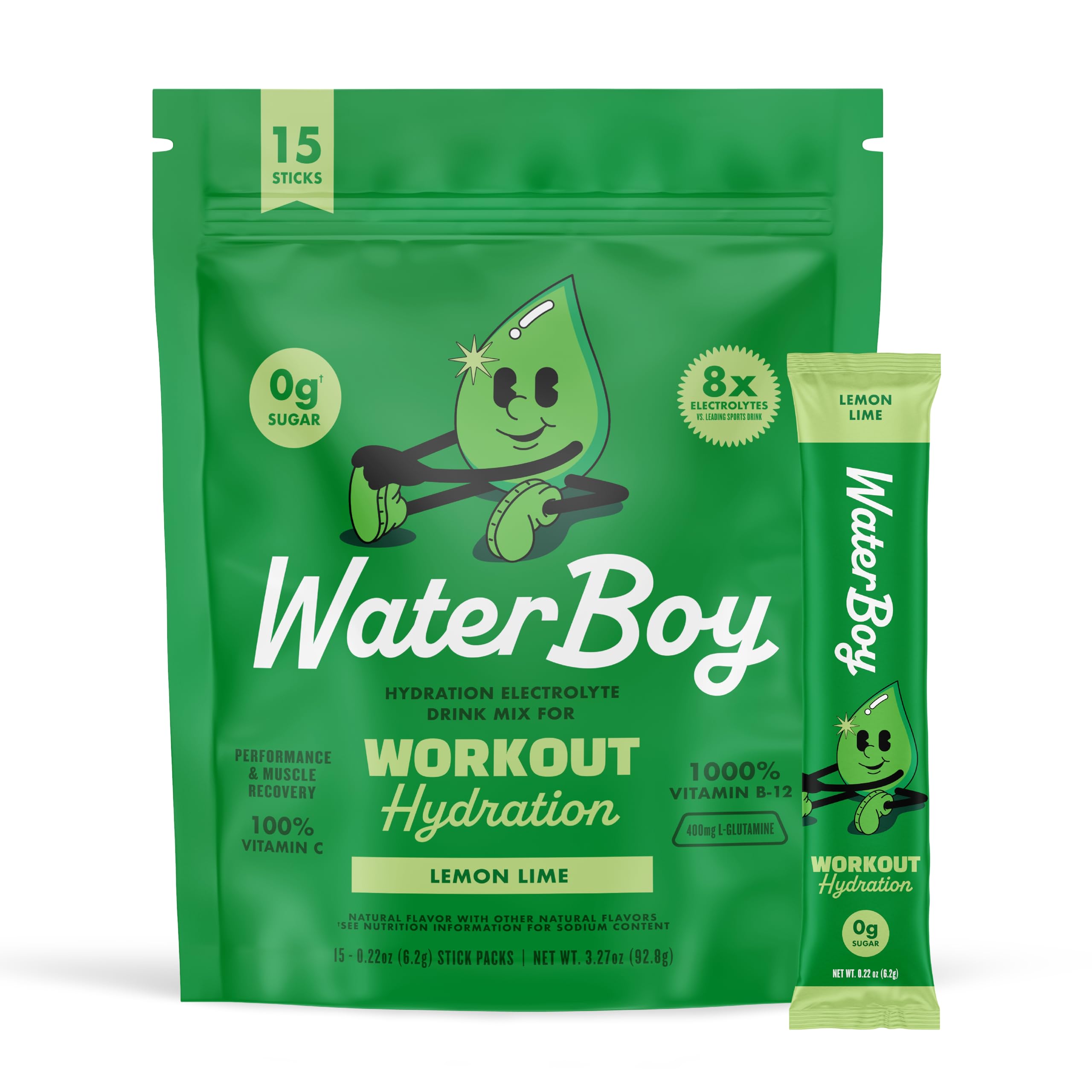 Waterboy Workout Hydration | 2,960mg Sugar Free Electrolyte Powder Packets | L-Glutamine + Vitamins | No Sugar, All Natural, Gluten Free | 15 Drink Stick Mixes (Lemon Lime)