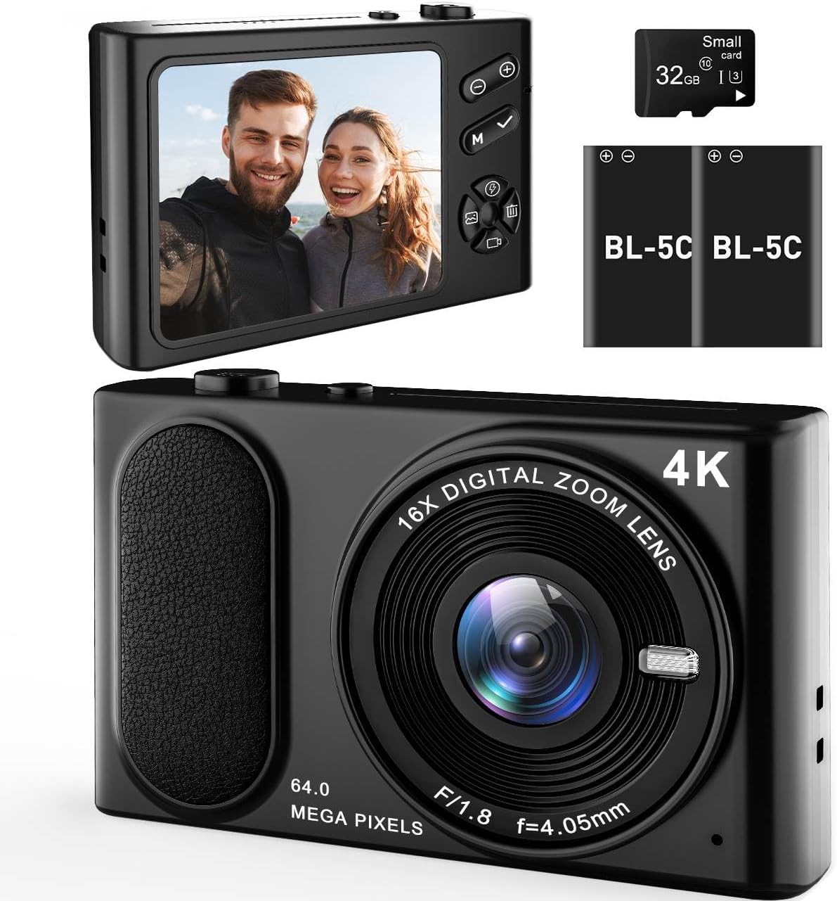 4K UHD Digital Camera, 64MP Compact Point and Shoot Camera with 16X Zoom, Anti-Shake, Black
