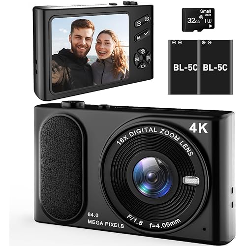 Digital Camera 4K, 64MP Autofocus Vlogging Device 16X Zoom, Compact Point and Shoot, Anti-Shake, Small Travel Camera for Adult Beginners and Teens, 32GB Card, 2 Batteries (Modern, Black)