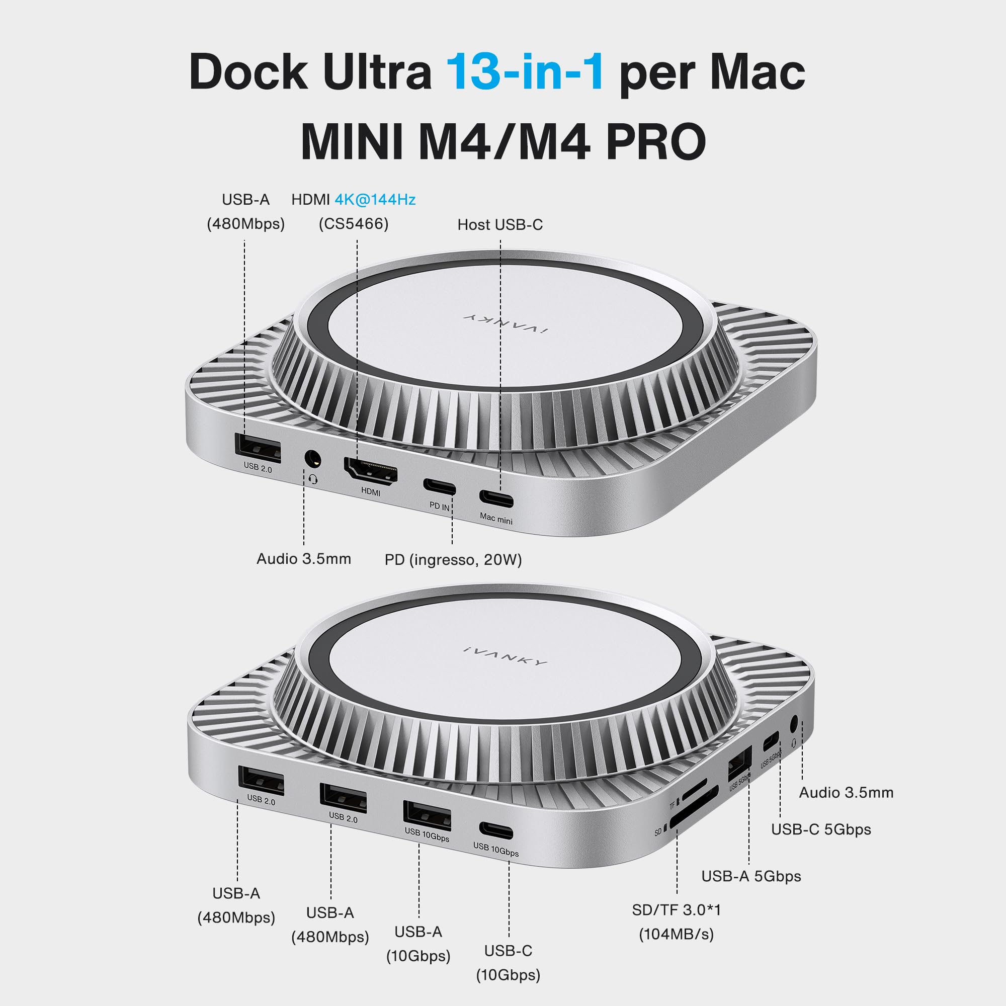 iVANKY Mac mini M4 Dock 13 in 1, supporto con alloggiamento SSD M.2 NVMe da 8 TB, hub HDMI 4K a 144 Hz per Mac mini M4 e M4 Pro (2024), docking station USB-A e USB-C da 10 Gbps, SD/TF | supporto con alloggiamento SSD M.2 NVMe da 8 TB, , docking station US