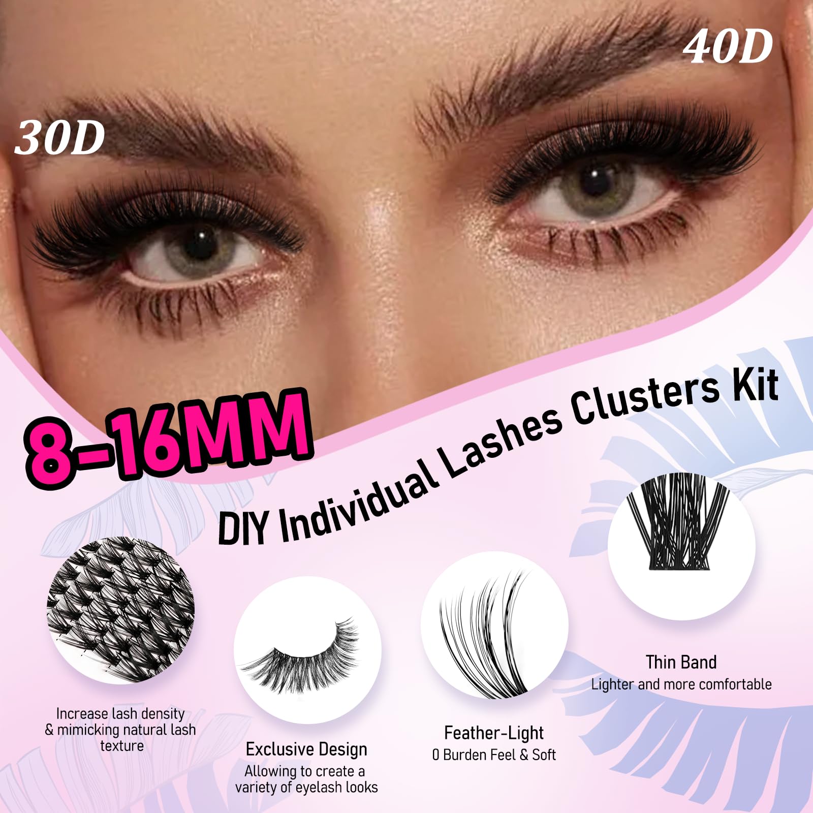 Lash Clusters Kit Wispy Lash Clusters 30D+40D Eyelash Clusters DIY Individual Lashes Clusters Kit 800pcs 8-16mm Self Adhesive Eyelashes Kit Thin Band Lash Bond and Seal Tweezers
