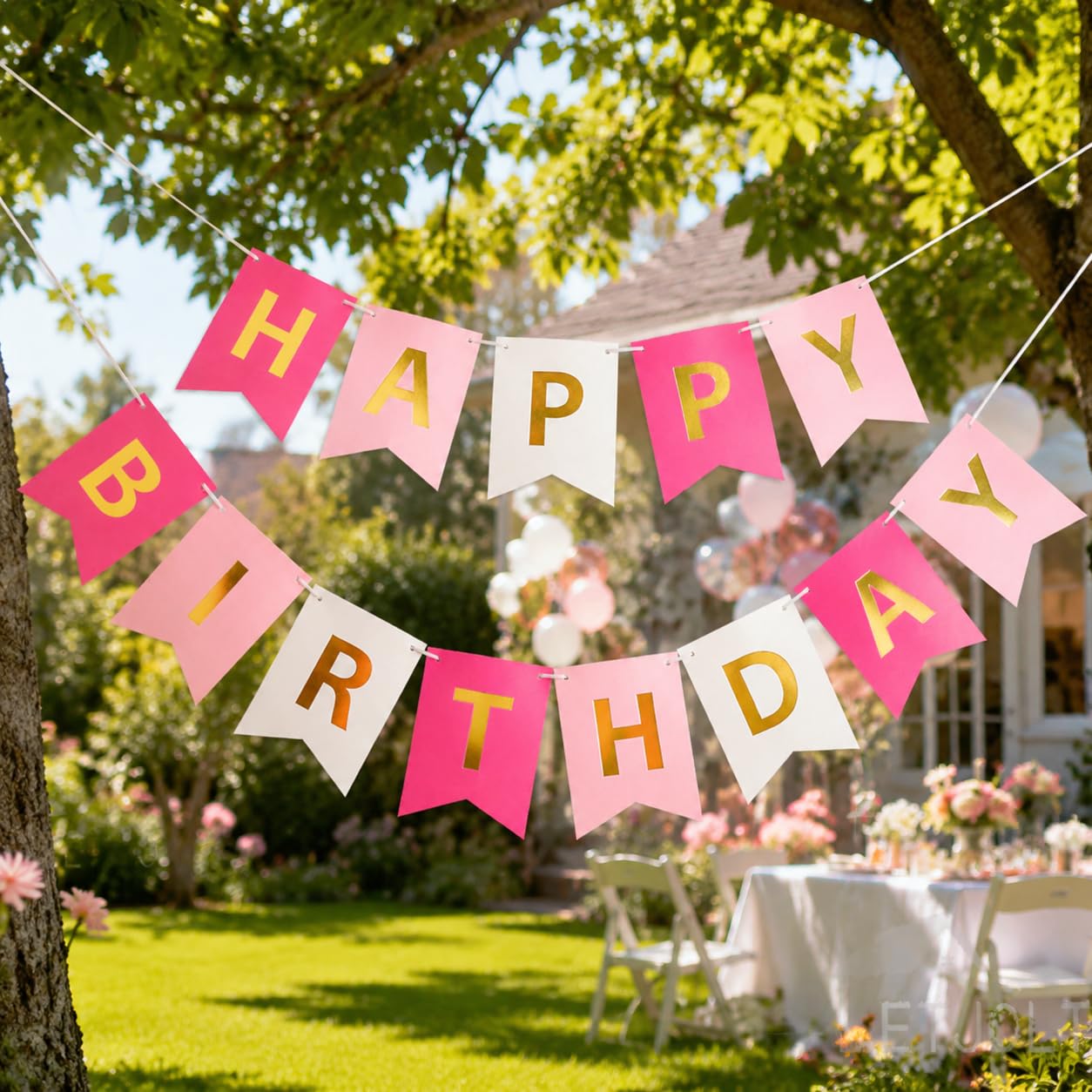 Roseo różowy baner 'Happy Birthday' znaki złoty blask śmieszne artykuły na | 13 flag z 2 satynowymi wstążkami łatwa dekoracja urodzinowa do wnętrz na ściany stołów tortowych i tła fotograficzne