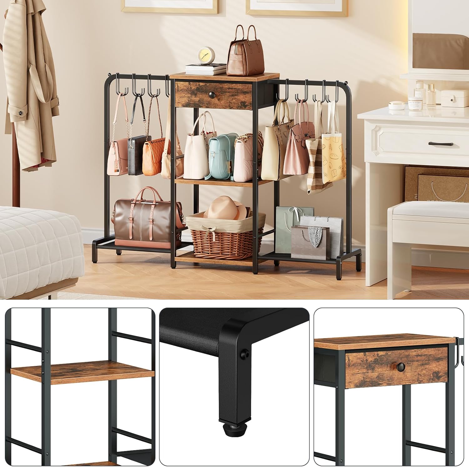 Close-up images showing the movable hooks, adjustable feet, and the fabric drawer of the HOOBRO purse organizer.