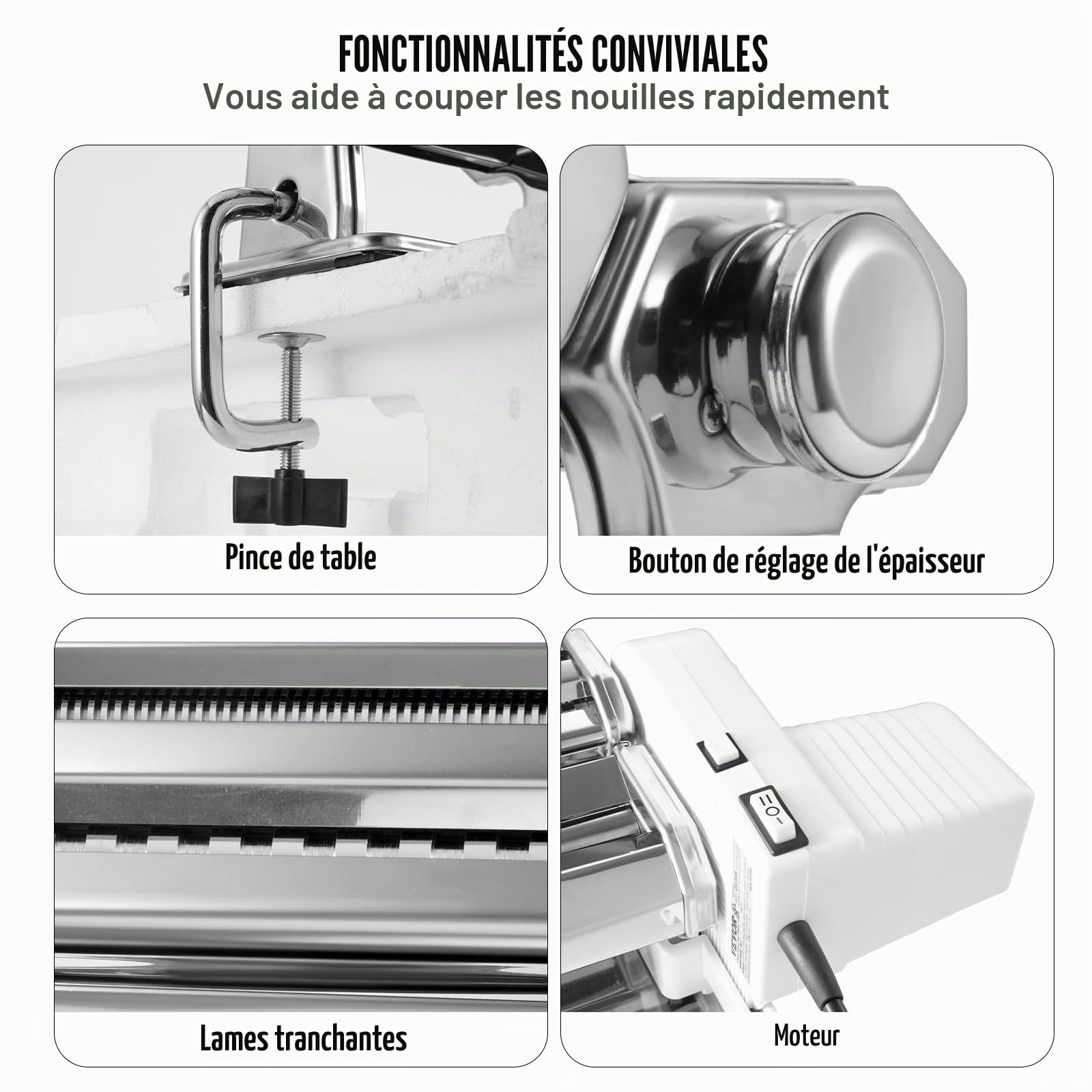 VEVOR Machine à Pâtes Électrique Acier Inox Machine à Pâtes Fraîches Italiennes 9 Épaisseurs 0,3-3 mm Largeur 1,5/6,6 mm 3/45 mm Manivelle Incluse pour Spaghettis Emballages de Boulettes et de Ravioli
