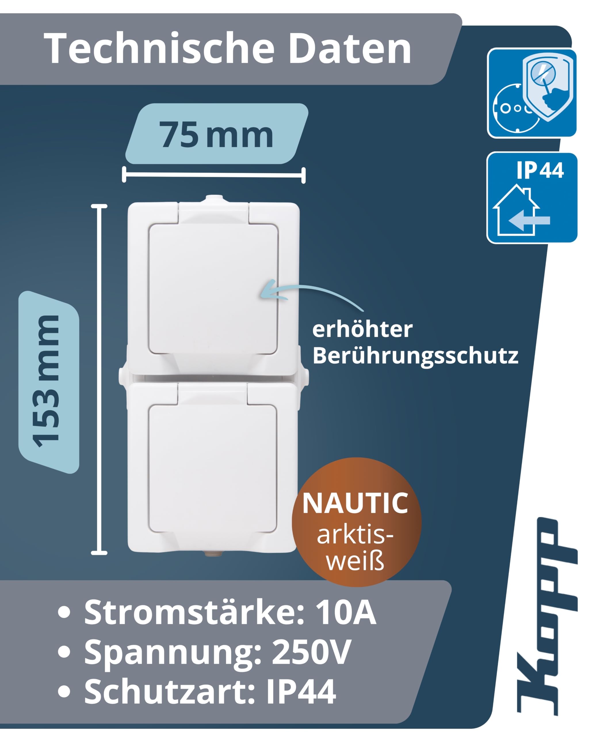 Kopp Nautic Feuchtraum-Steckdose + Stecker Set – IP44, 16A, 250V, Grau & Schwarz