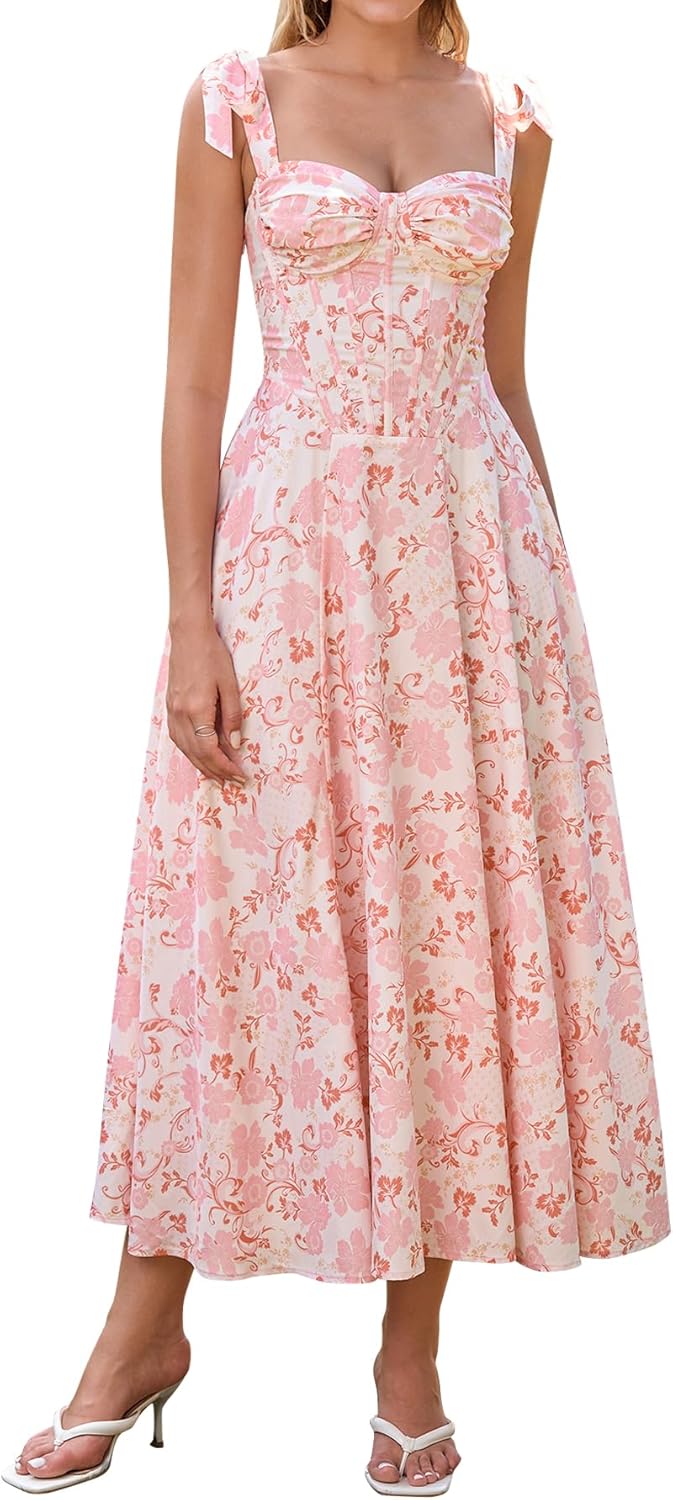 Parthea Summer Floral Corset Midi Dress A Line Tie Bow Straps Wedding Guest Dresses for Women
