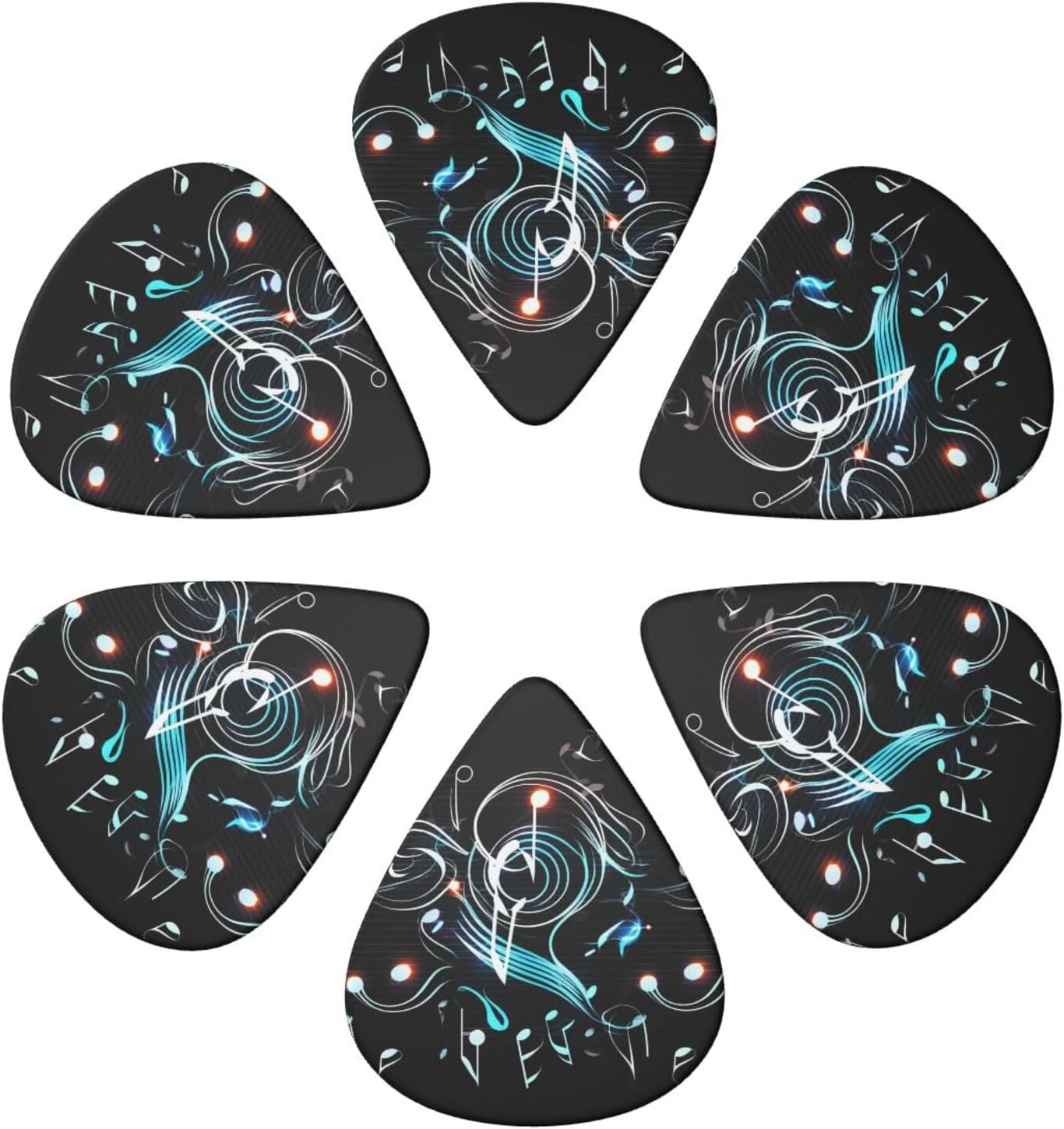 Music Note Print Guitar Picks 6 Pack Personalized Plectrums with Organizer Storage Box, Colorful Celluloid Guitar Plectrum Includes Thin, Medium, Heavy Picks For Acoustic Guitar Bass Picks image 5