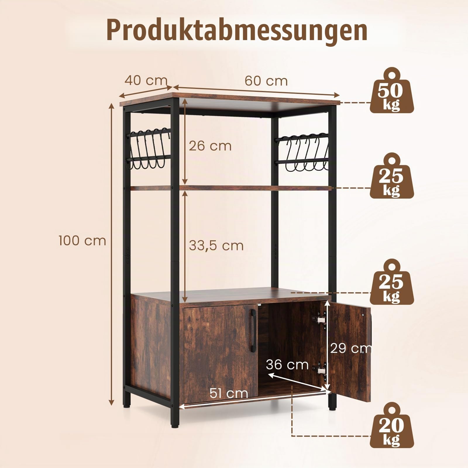 COSTWAY Küchenregal mit Schrank, 3-stöckiger Bäckerregal mit 2 offenen Ablagen & 10 Haken, Mikrowellenregal industriell mit Metallrahmen, Standregal für Küche, Esszimmer, 60 x 40 x 100cm