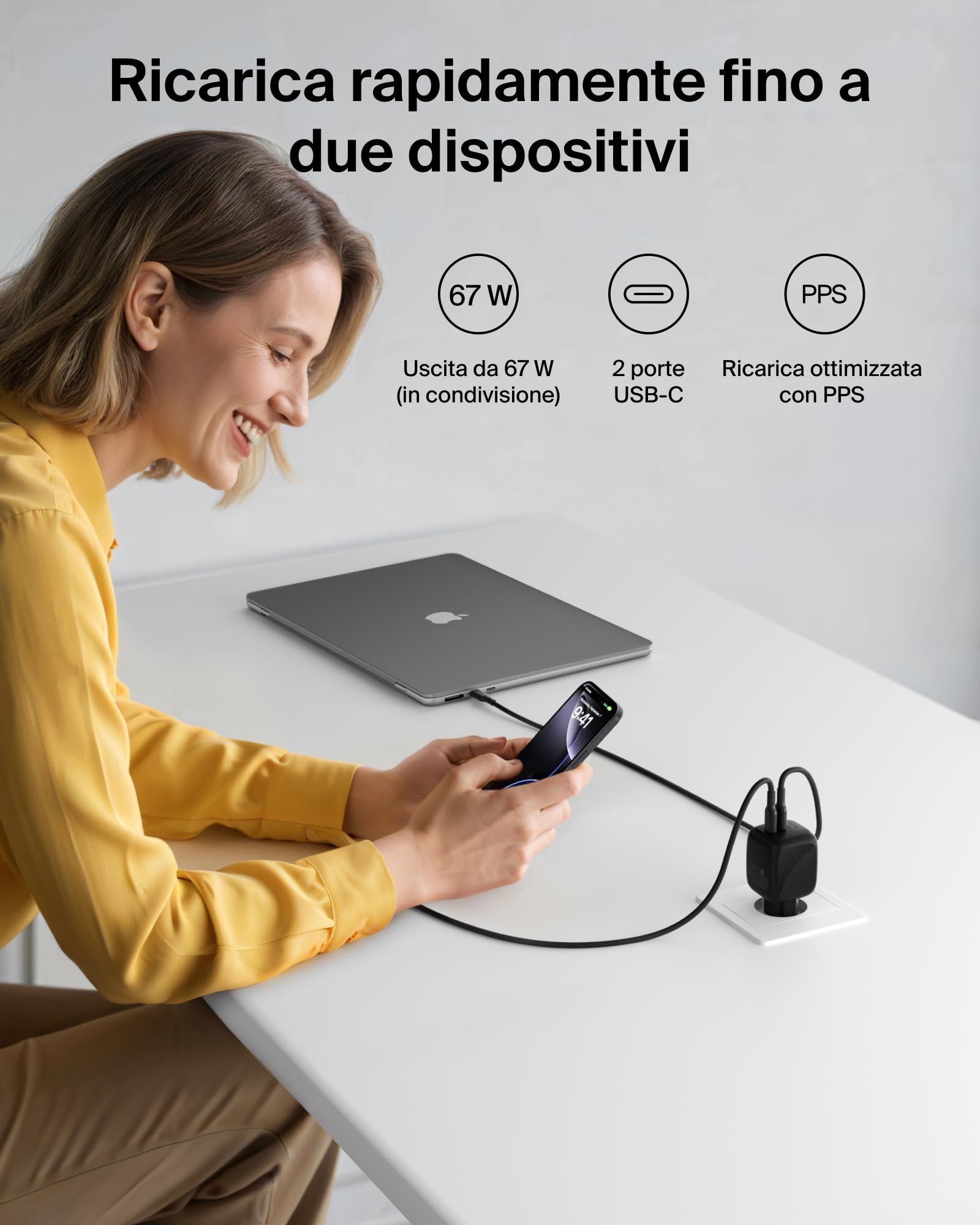 Belkin SmartProtect Caricatore USB C a 2 Porte 67W, Doppio Caricabatteria GaN con 2 Porte USB-C, Ricarica Rapida per MacBook, iPhone 17, iPad Pro, Chromebook, Galaxy S25 Ultra, Pixel 10 - Nero