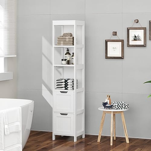 Miniatura 7 de HOMEFORT Armario de almacenamiento para baño, gabinete alto delgado, organizador de gabinete de piso estrecho, torre de lino de madera con 2 cajones