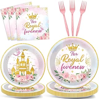 CHUNNIN 96Pcs Princess 5th Birthday Plates and Napkins Her Royal Fiveness Decorations Princess Party Dessert Plates Rainbow Castle Tableware for 24 Guests 5th Theme Girl Baby Shower Party Supplies