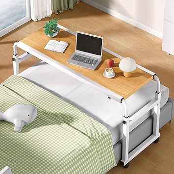 Mobile Adjustable Height Bedroom Bed Desk, Home Over The Bed Working Table, overbed Table with Wheels, overbed Table for Laptop, Hospital Rolling Bed Table.