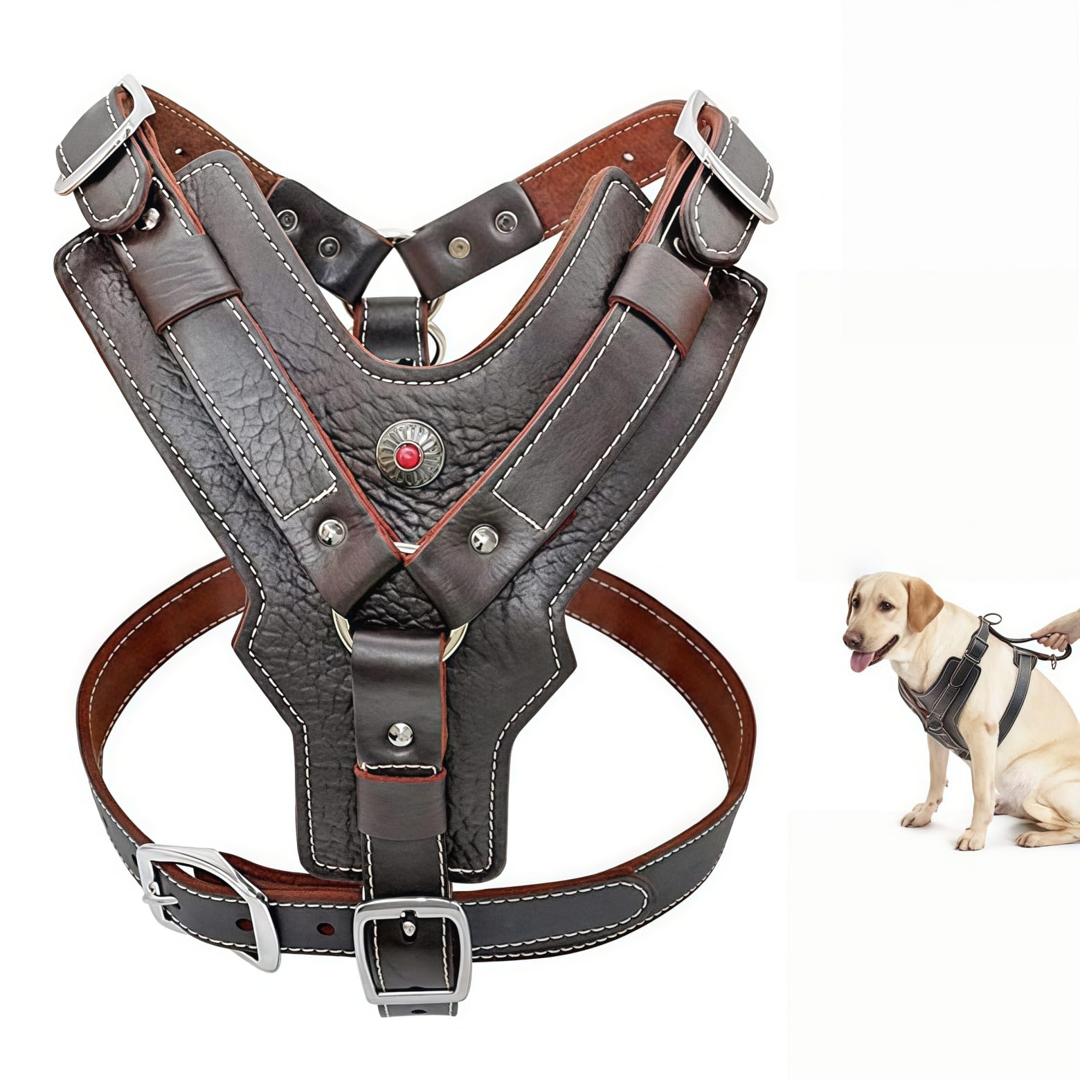 Arnés para Perro de Alta Resistencia Sin Tirones para Perros Grandes Arnés Chaleco Acolchado de Cuero Suave Ajustable con Asa 2 Anillos Metálicos para Razas Gigantes,L