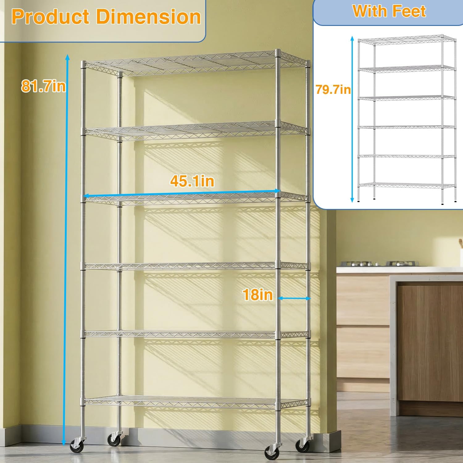 BestOffice | 6-Tier Wire Shelf with Wheels | 45"x18"x82" | Chrome | Adjustable Racks | Heavy-Duty Storage Shelves, Holds Upto 510 lbs | Rust-Resistant, No-Tool Assembly | for Home, Garage Shelving