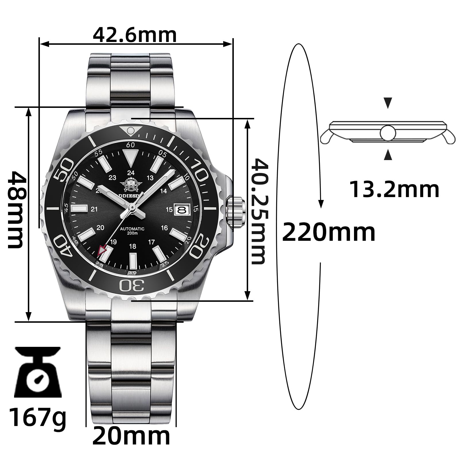 ADDIESDIVE Montre Automatique pour Homme Mouvement 8215 Montre mécanique BGW9 Lunette en céramique Lumineuse Montre de plongée analogique pour Homme 200m avec Bracelet en Acier Inoxydable AD2504