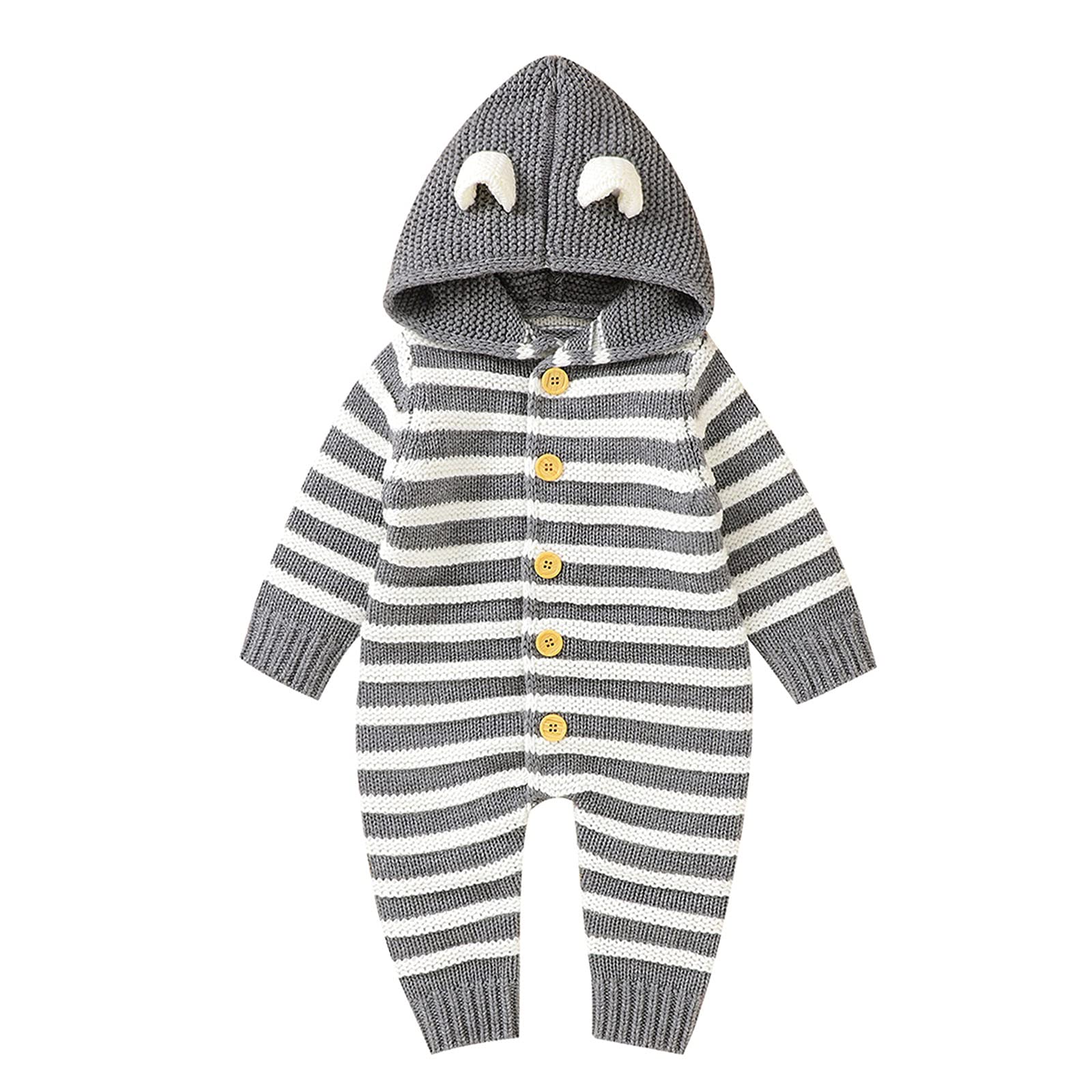 RNTOP Newborn Baby Girl Boy Sweater Romper Striped Knit Hooded Jumpsuit Infant Long Sleeve Sweaters (Grey, 3-6 Months)