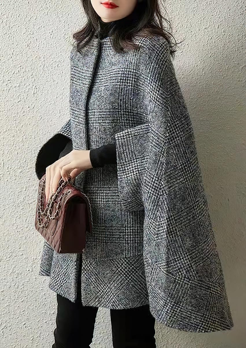 Elegante da Donna Plaid Monopetto Mantello Bottone Cappotto Classico Inverno Sette Quarti Manica Plaid Casual di Media Lunghezza Mantello