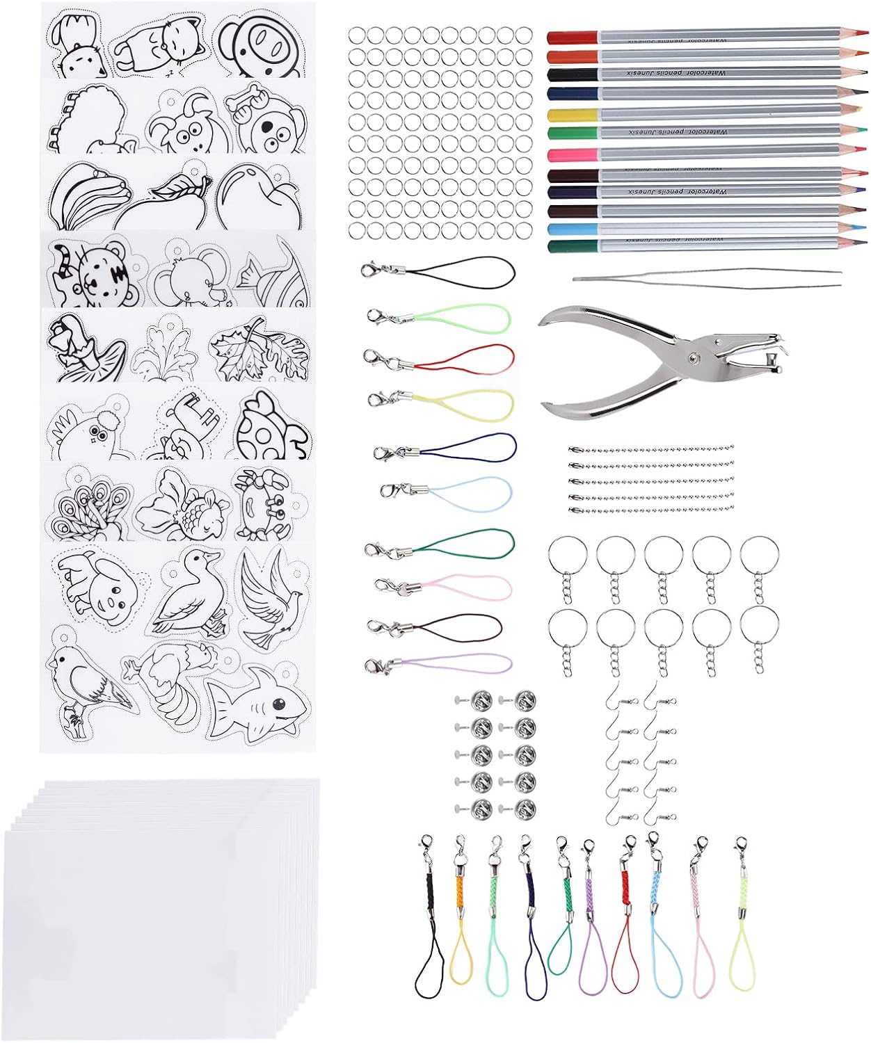 Heat Shrink Sheet Set Complete DIY Kit with Colored Pencils and Key Rings for Crafting Jewelry Toys and Decorations