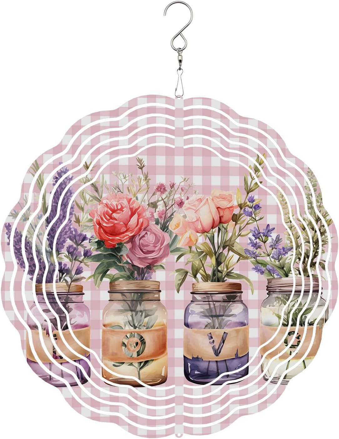 Love Rose Valentine's Day Wind Spinners for Yard and Garden, Metal Wind Spinner Hanging for Outdoor Indoor, Pink Flowers Watercolor Porch Garden Wind Sculptures Ornament Spinner 12''(Floral)