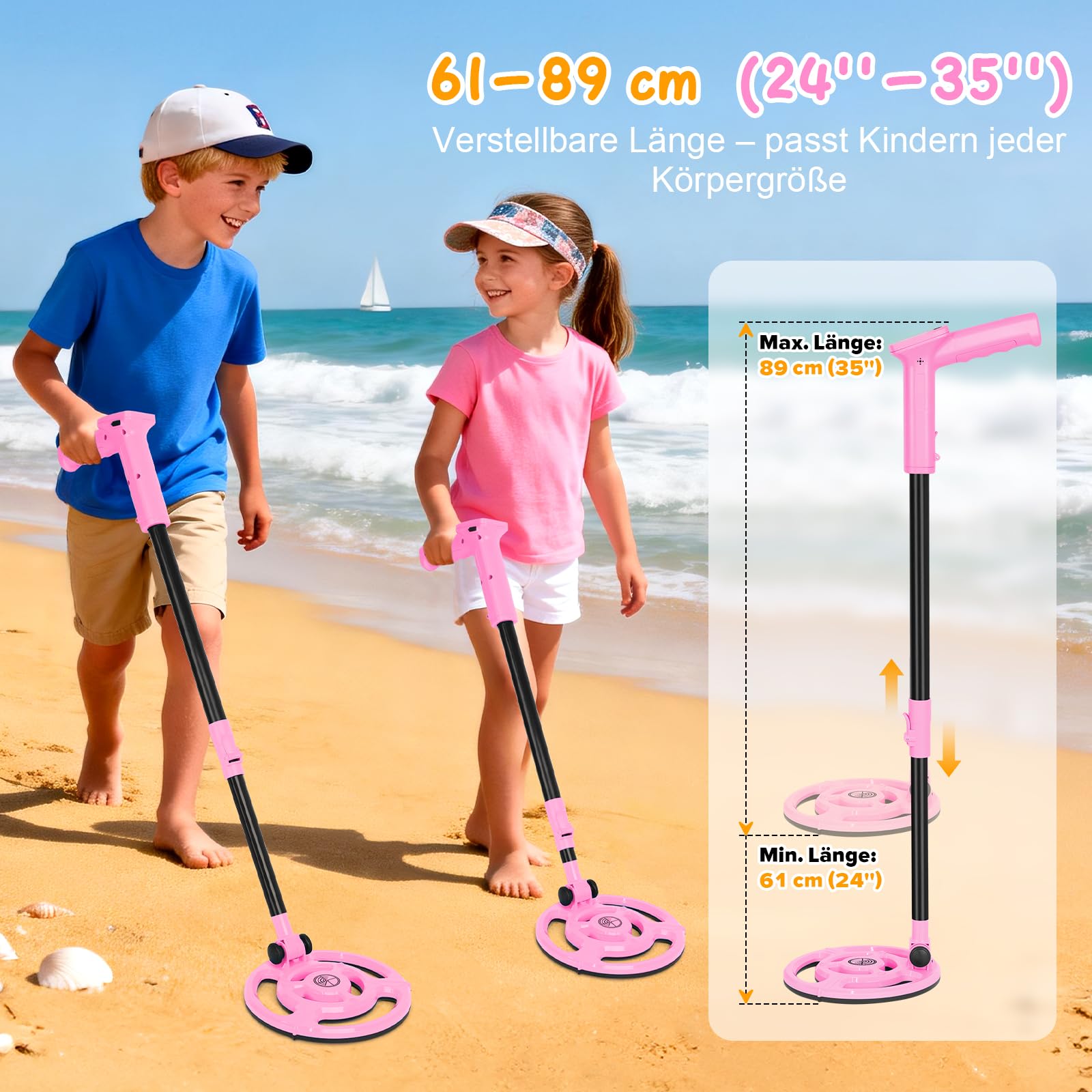Metalldetektor Kinder USB-wiederaufladbar, Metalldetektor für Kinder, 7,36" wasserdichte Suchspule, 61-89cm Verstellbarer Griff mit LCD-Display, Strandschatzsuche Outdoor-Spielzeug für 8-12 (Rosa)