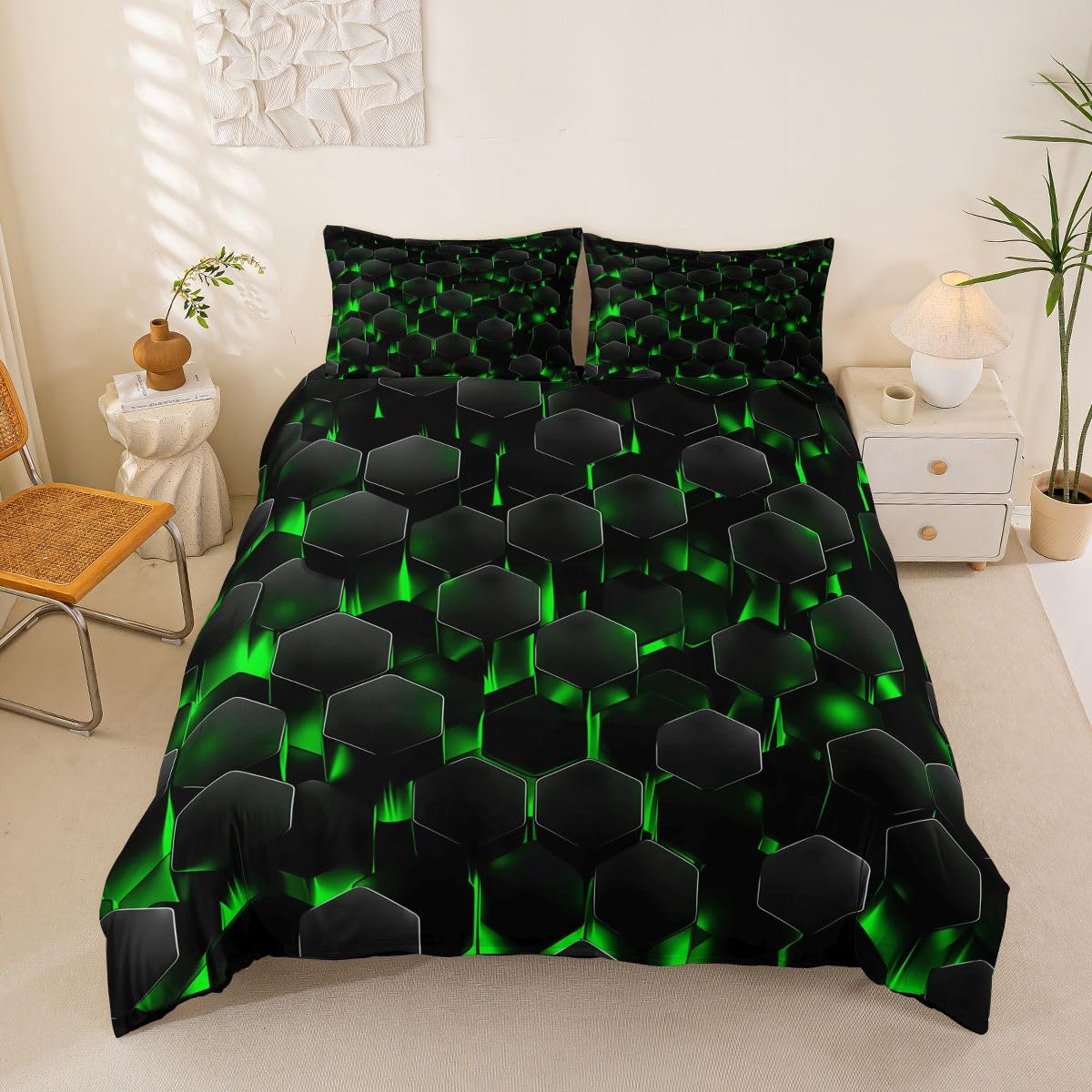 Ruche ensembles de housses de couette au design hexagone réversible vert et noir