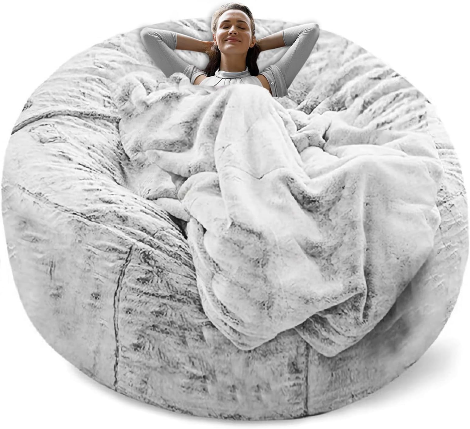 Cookit Bean Bag Chair Cover(Cover Only,No Filler) Chair Cushion, Big Round Soft Fluffy PV Velvet Washable Lazy Sofa Bed Cover, Living Room bedroom Furniture,5ft/150cm Snow Grey