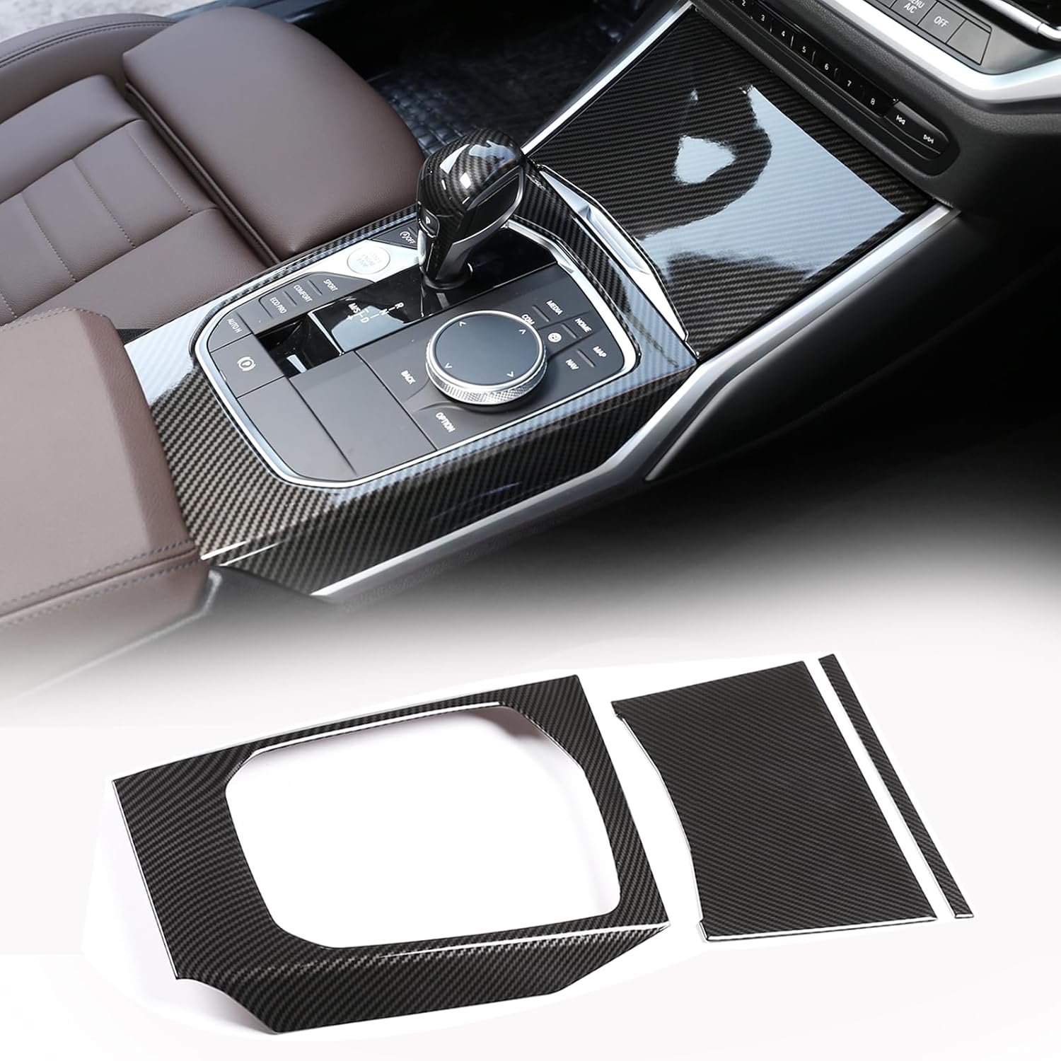 Car Control Gear Box Shift Panel Frame Cover Compatible with BMW 3 4 Series G20 G21 G22 G23 2020-2024,Center Console Gear Shift Knob Panel Cover Interior Decoration Accessories (Carbon Fiber Pattern)