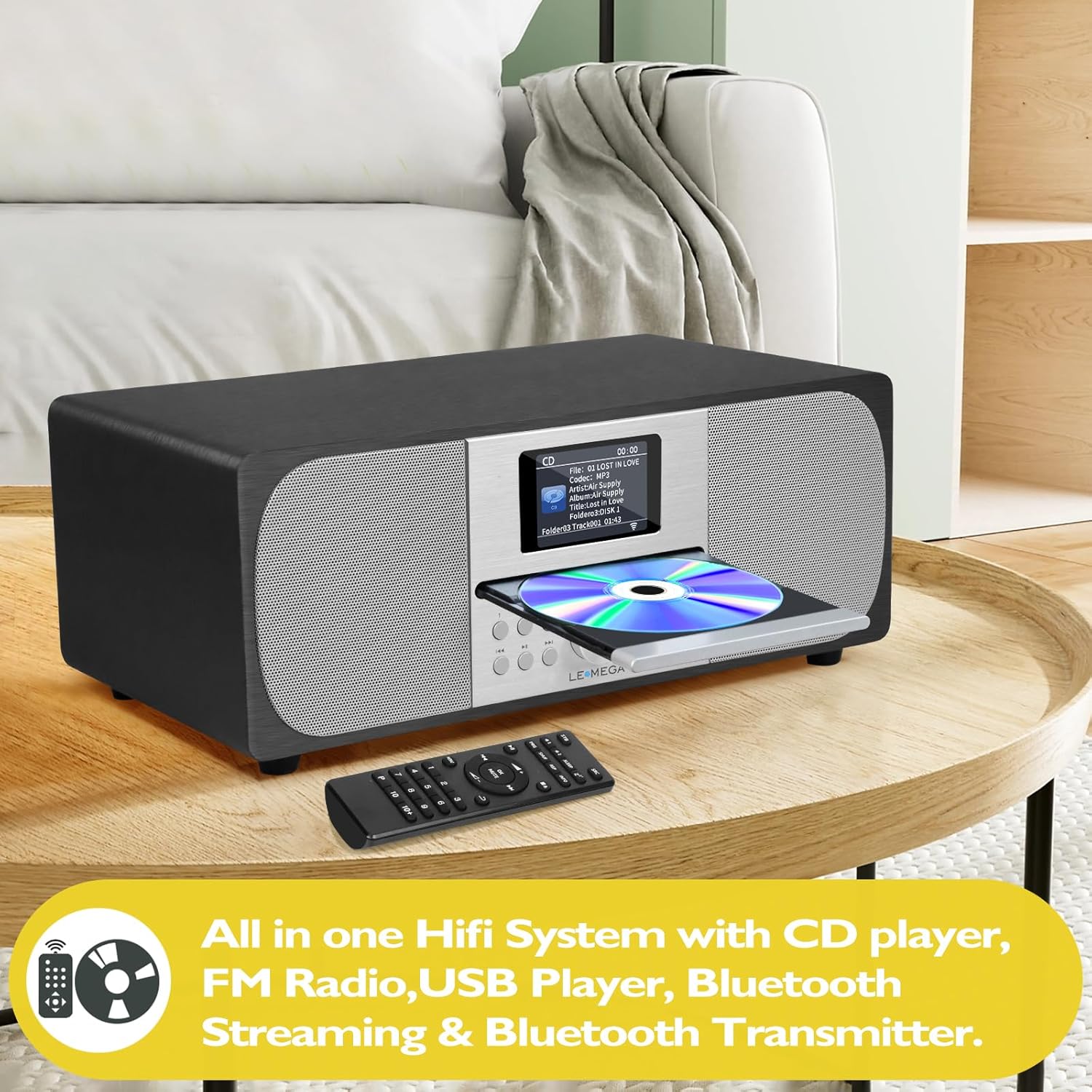 Stereo System for Home, CD Player, FM Radio, Bluetooth Speaker, 100W Stereo Sound, USB Player, USB Charger, Headphone-Out,Aux-in,Alarms and Clock,Colour Display, Wooden Box - MSY6 Black