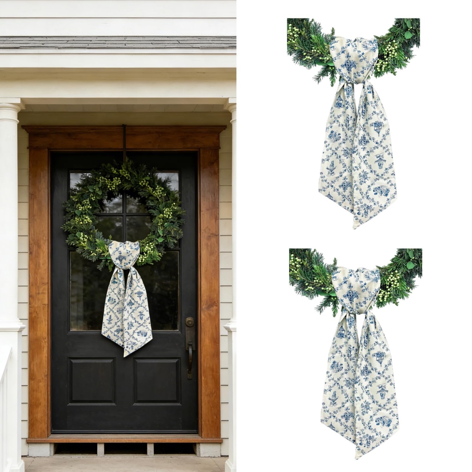 Dream Loom Wreath Sash for Front Door, 2Pcs Blue Floral Wreath Satin Sash Garland Ribbon Accessories for Yard Doorway Indoor Outdoor Bridal Shower Xmas Home